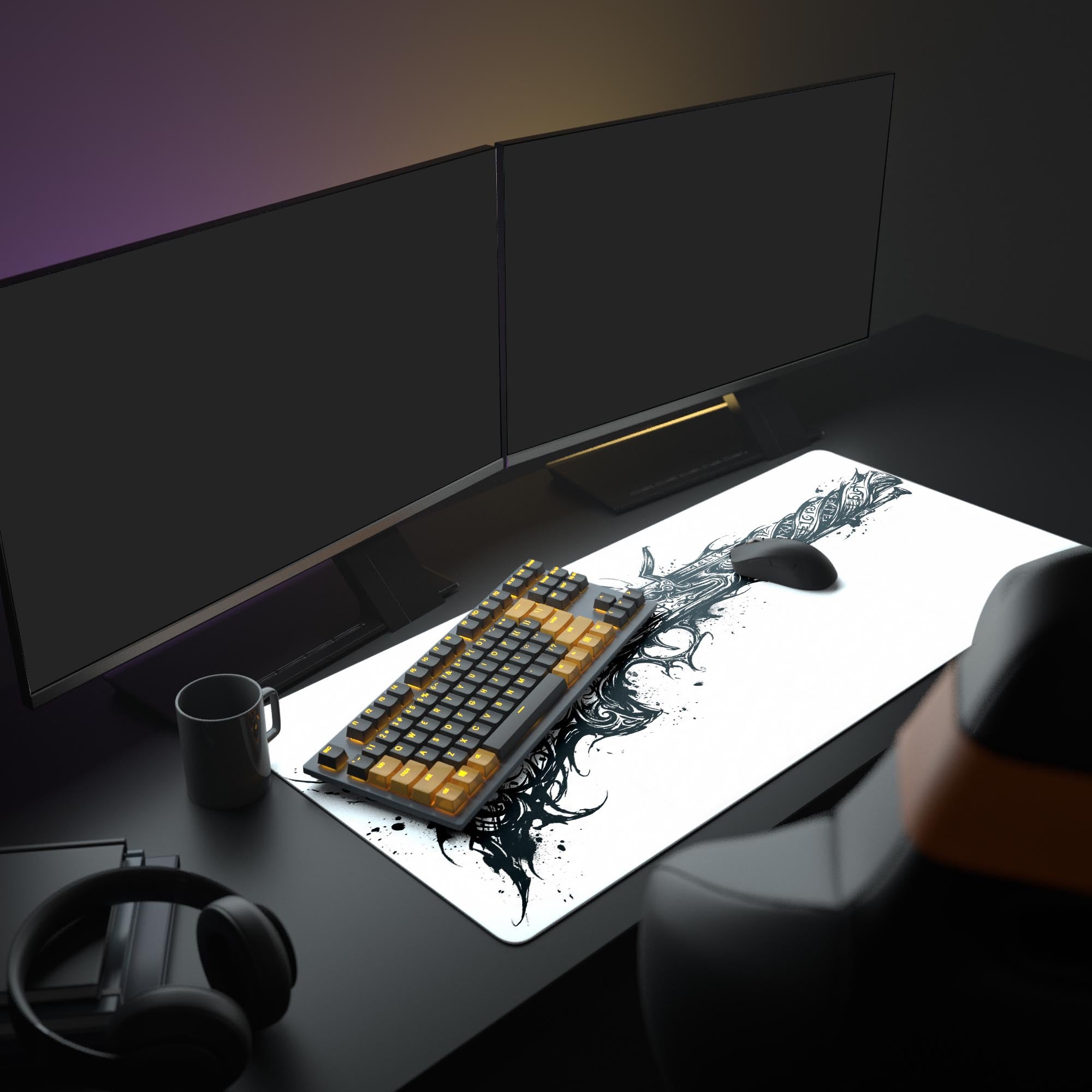 A complete gaming setup showcasing the Arcane Flintlock mouse pad, which unifies the aesthetic of multiple monitors, a gaming keyboard, and mouse. - Epic Design Pads & Mousepads