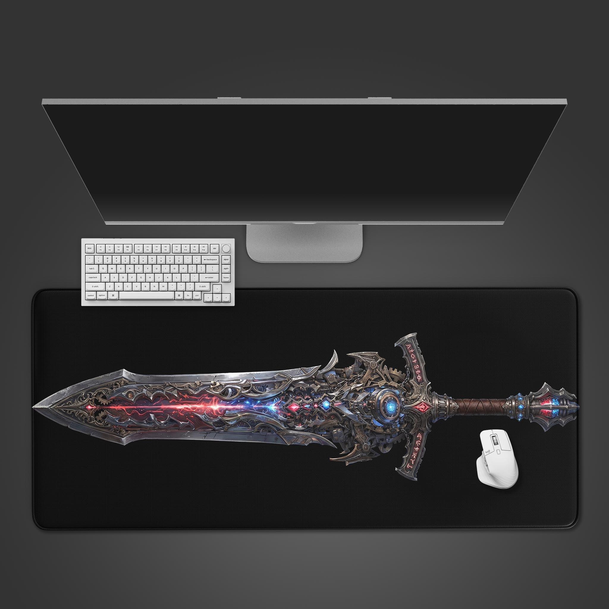 Top-down view of the Arcane Gearblade gaming desk mat, featuring a detailed fantasy sword design, shown with a white keyboard and mouse on a dark surface. - Epic Design Pads & Mousepads