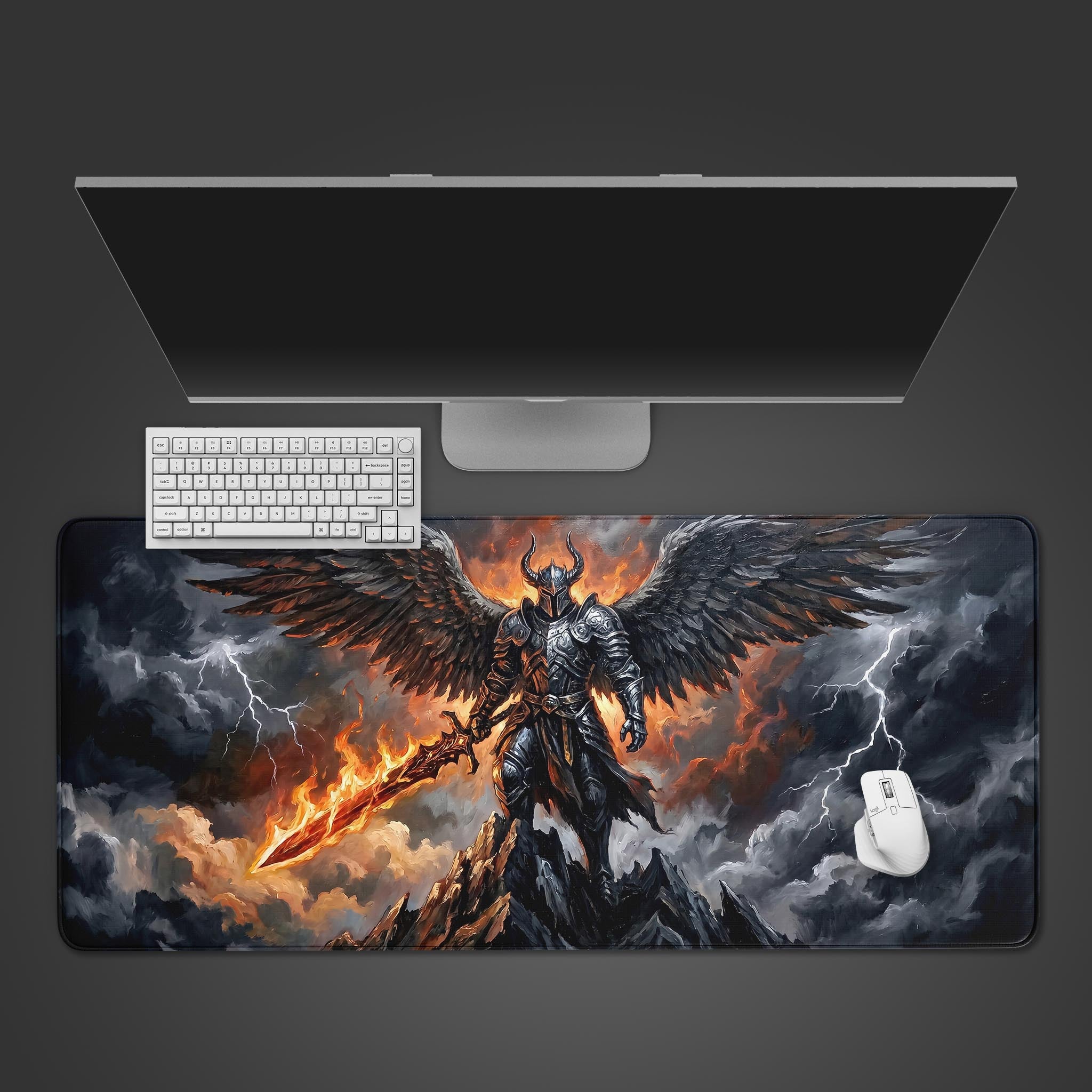 Wrathful Archangel dark fantasy gaming desk mat with flaming sword