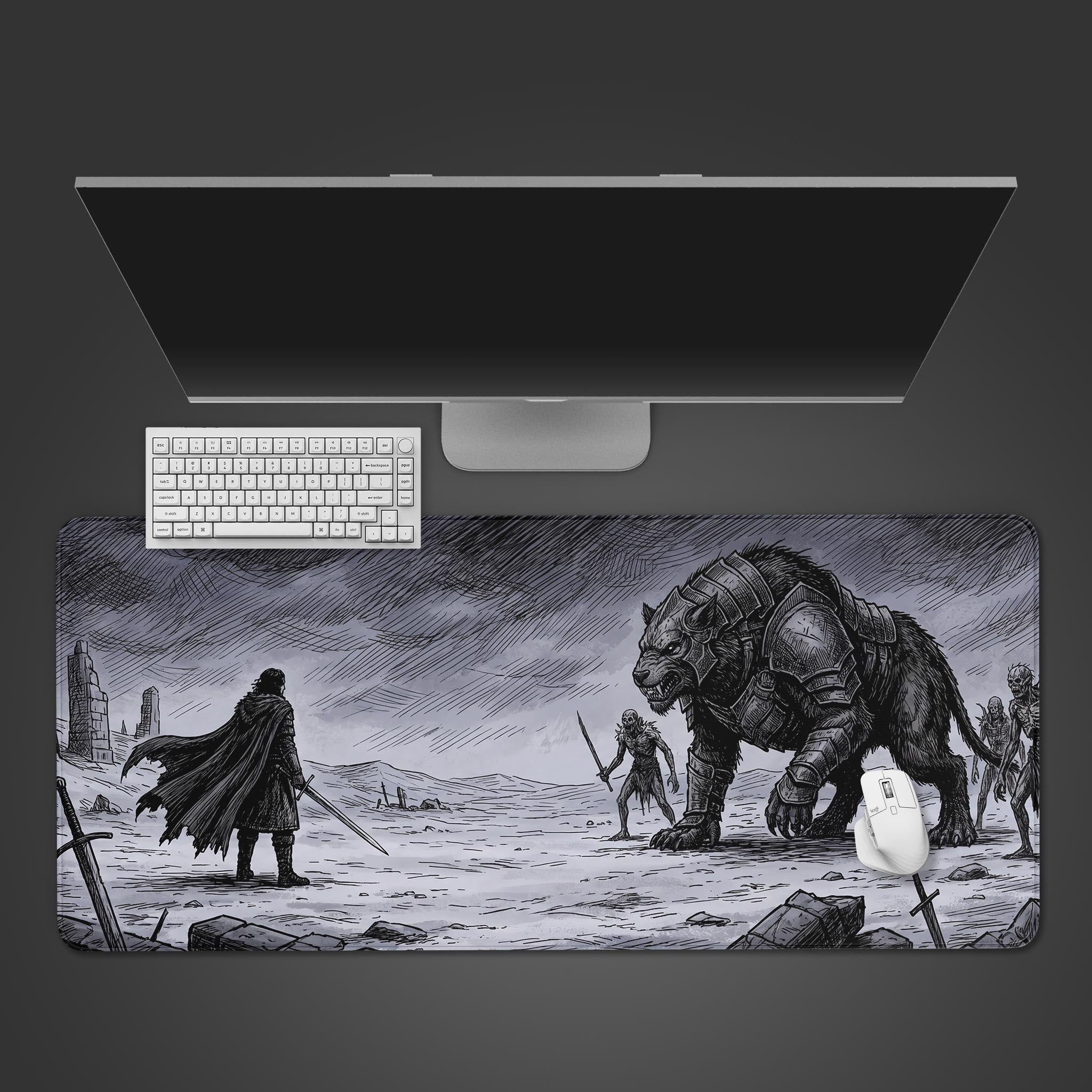A dark fantasy desk mat featuring a grayscale ink sketch of a lone warrior facing a giant armored beast.