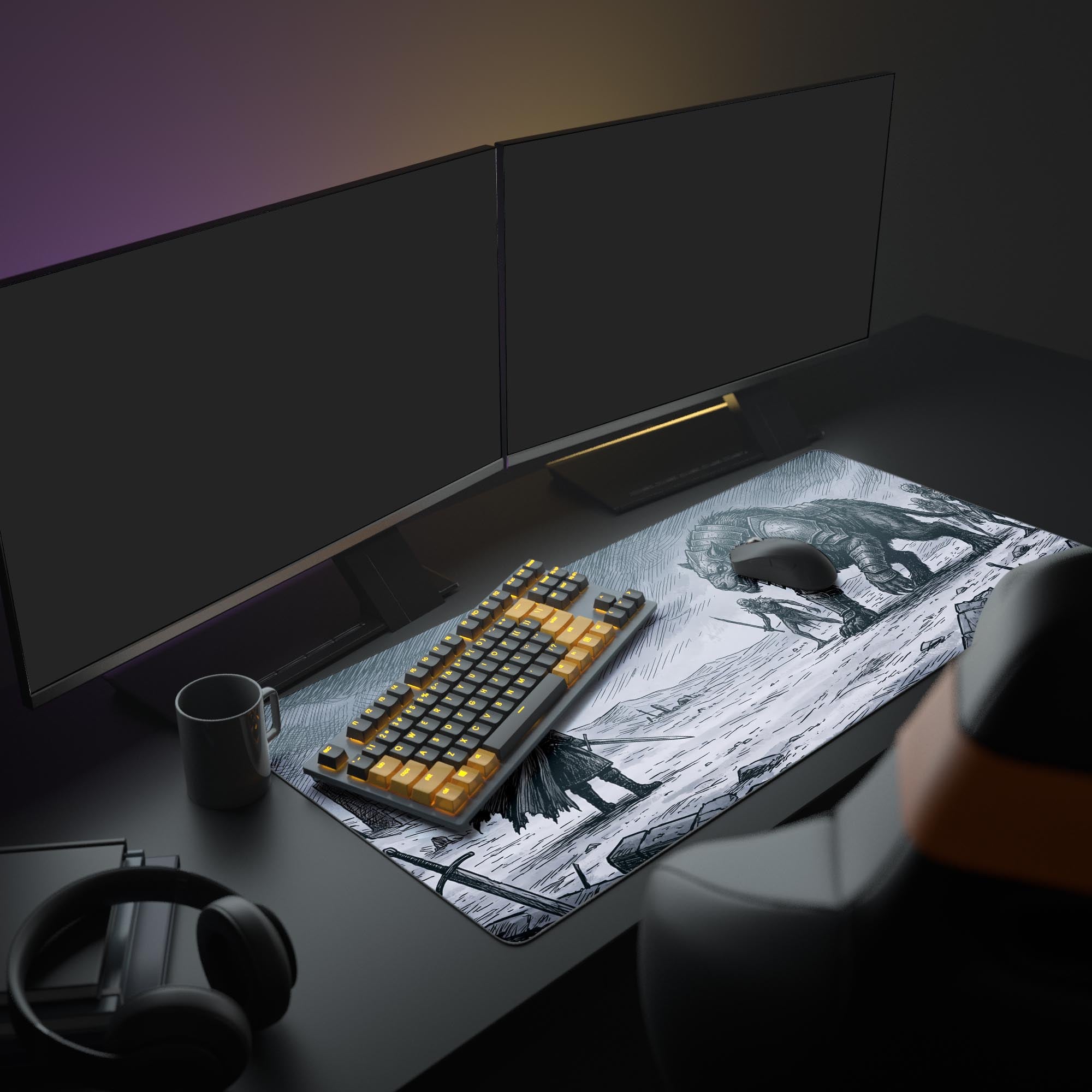 Close-up of the desk mat artwork showing intricate crosshatching details on the massive armored wolf monster.