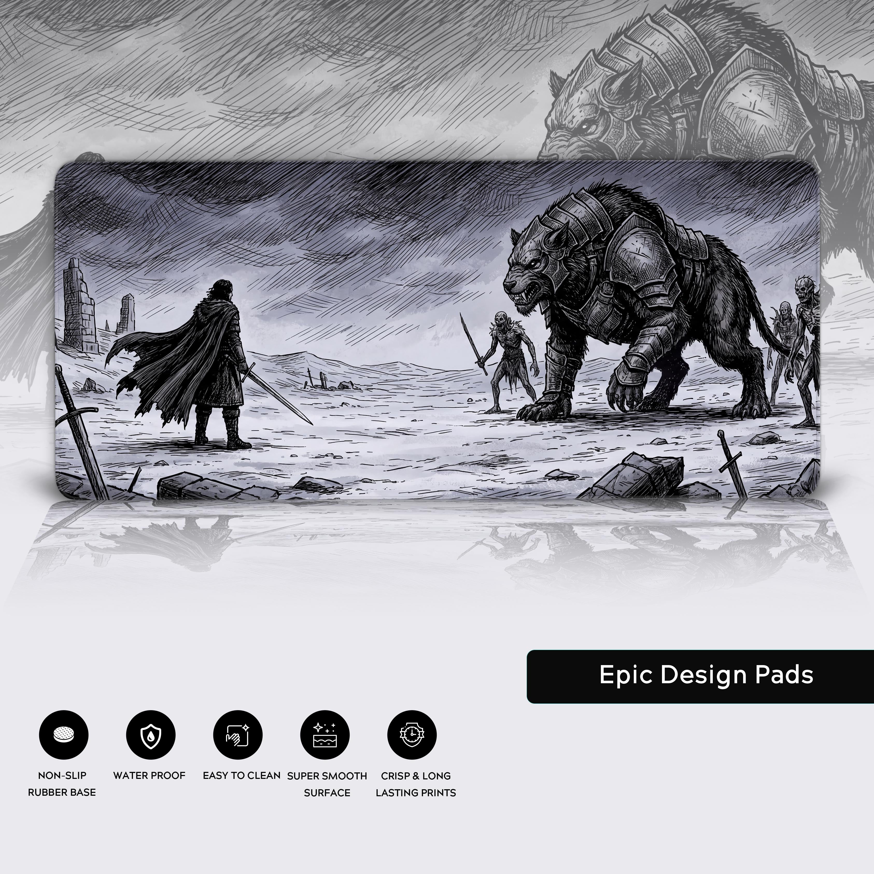 Full view of the grimdark fantasy mouse pad showcasing the epic standoff between the warrior and the undead horde.