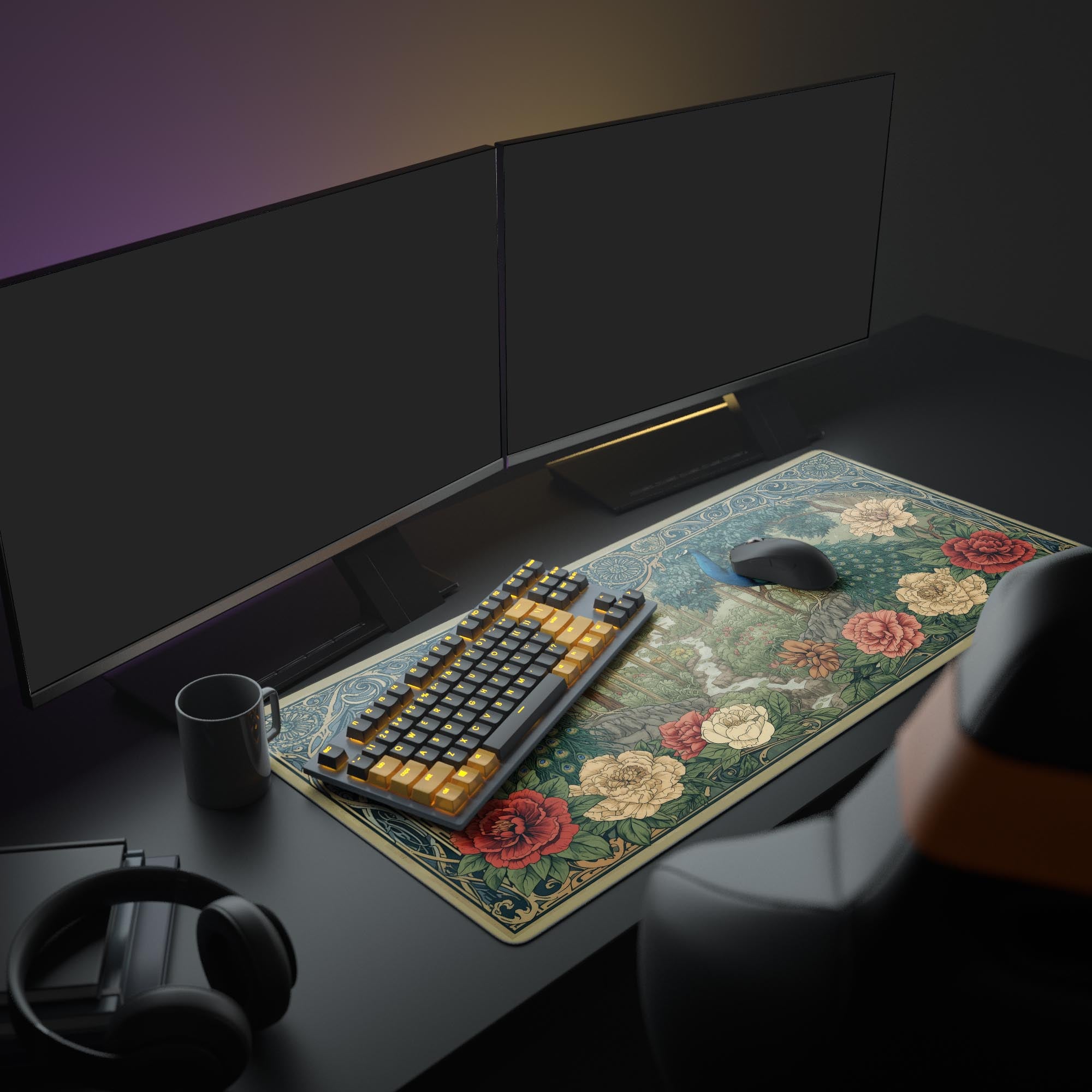Art Nouveau gaming desk mat with peacocks and floral design under dual monitor setup - Epic Design Pads & Mousepads
