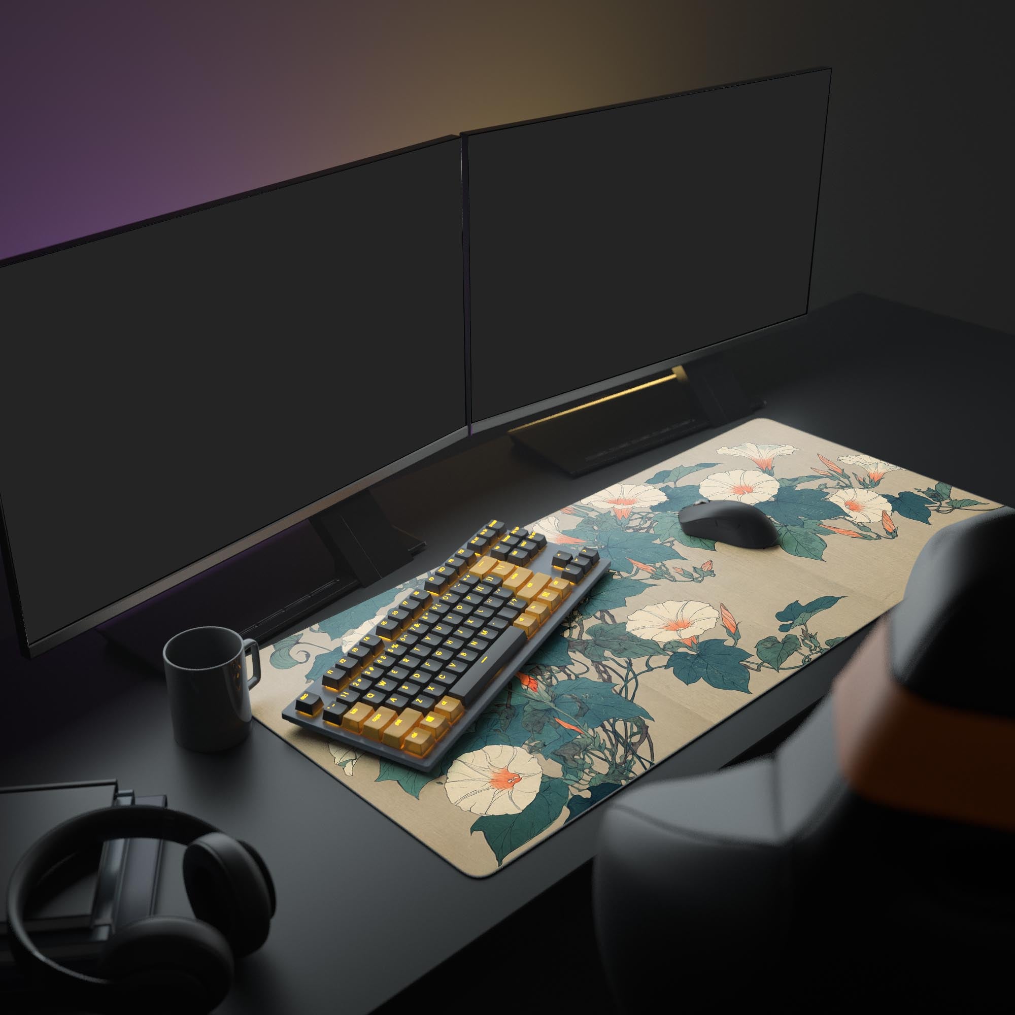 A full workstation featuring the Asagao Bloom mouse pad, creating a serene botanical aesthetic with dual monitors and a sleek white keyboard. - Epic Design Pads & Mousepads