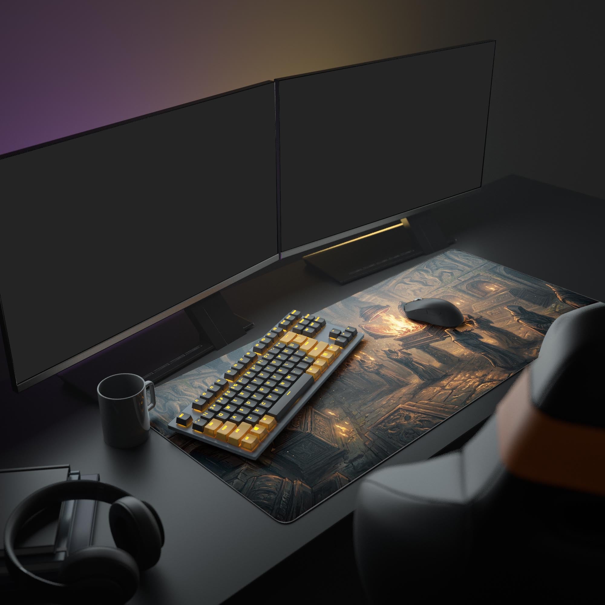 A moody PC setup featuring the Ashen Pilgrimage mouse pad, complementing a large monitor and gaming peripherals for an immersive experience. - Epic Design Pads & Mousepads