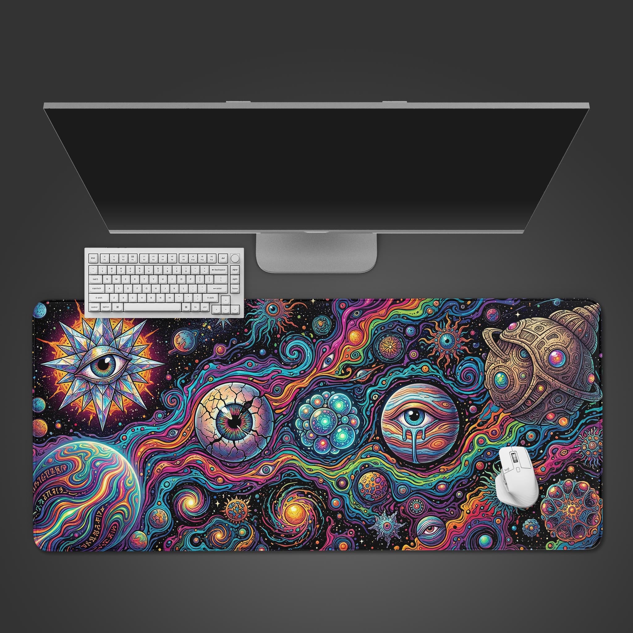 Top-down view of the Astral Awakening gaming desk mat, featuring a psychedelic space and eye design with a white keyboard and mouse on a dark background. - Epic Design Pads & Mousepads