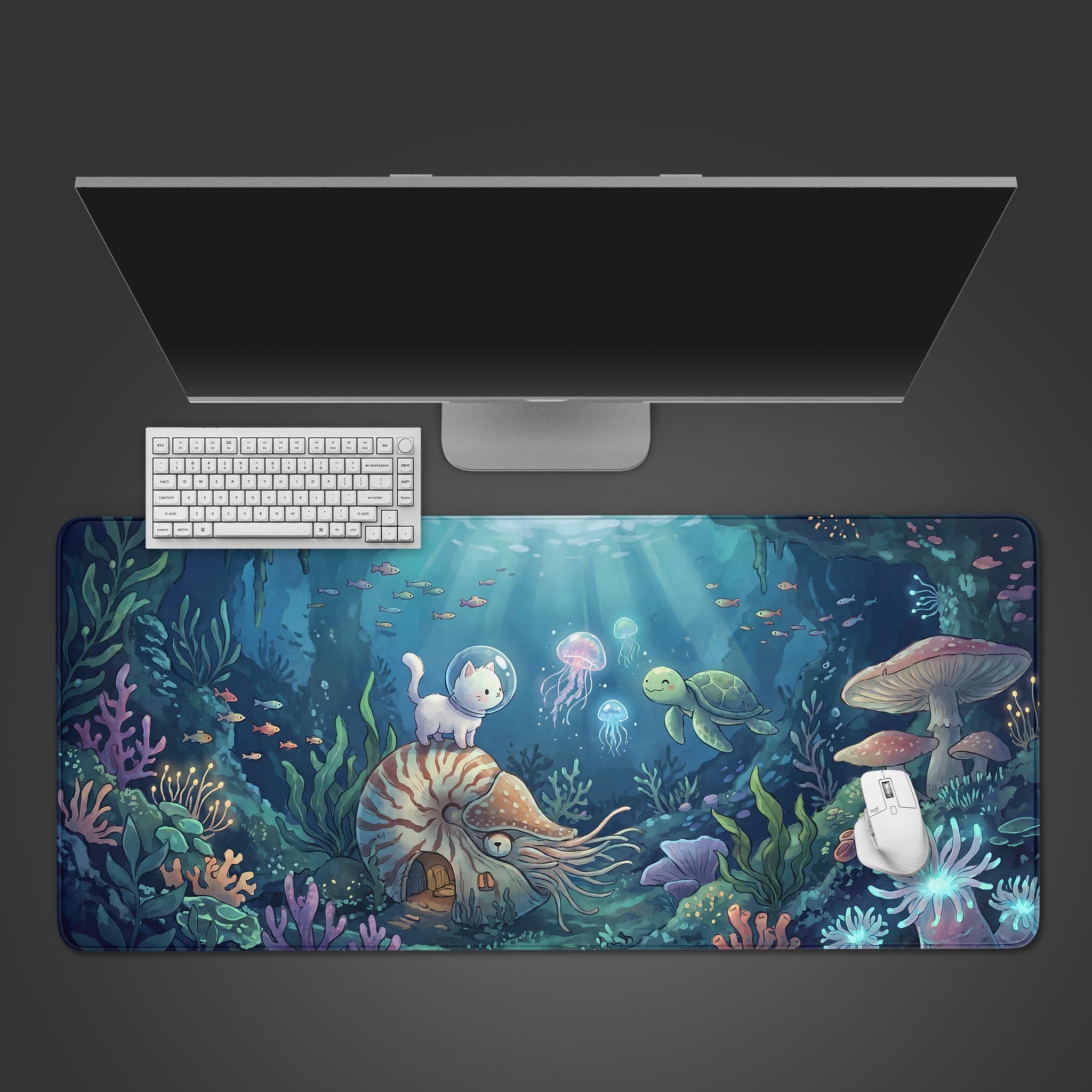 A kawaii desk mat featuring a white astronaut cat sitting on a giant nautilus shell in an underwater scene