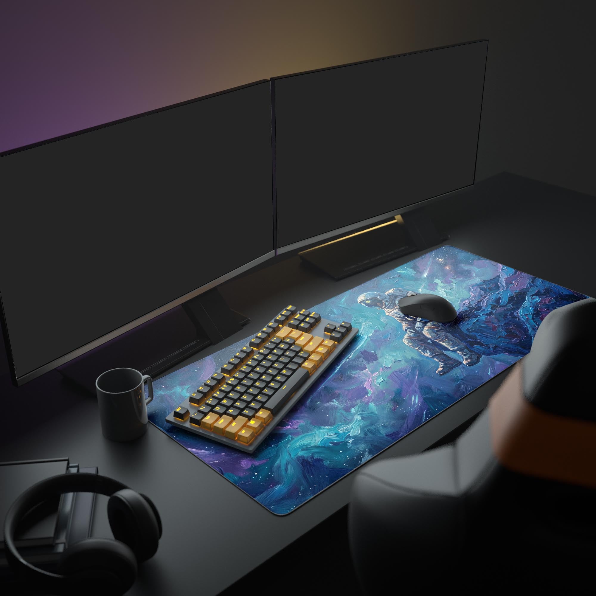 Close-up detail of the desk mat artwork showing thick, expressive brushstrokes forming a cosmic nebula.