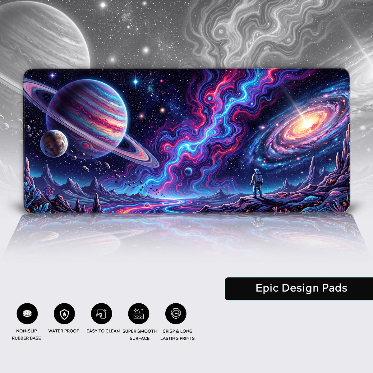 Lower portion of the promotional image displaying the Epic Design Pads logo alongside graphic icons detailing features like a non-slip base and waterproof surface.