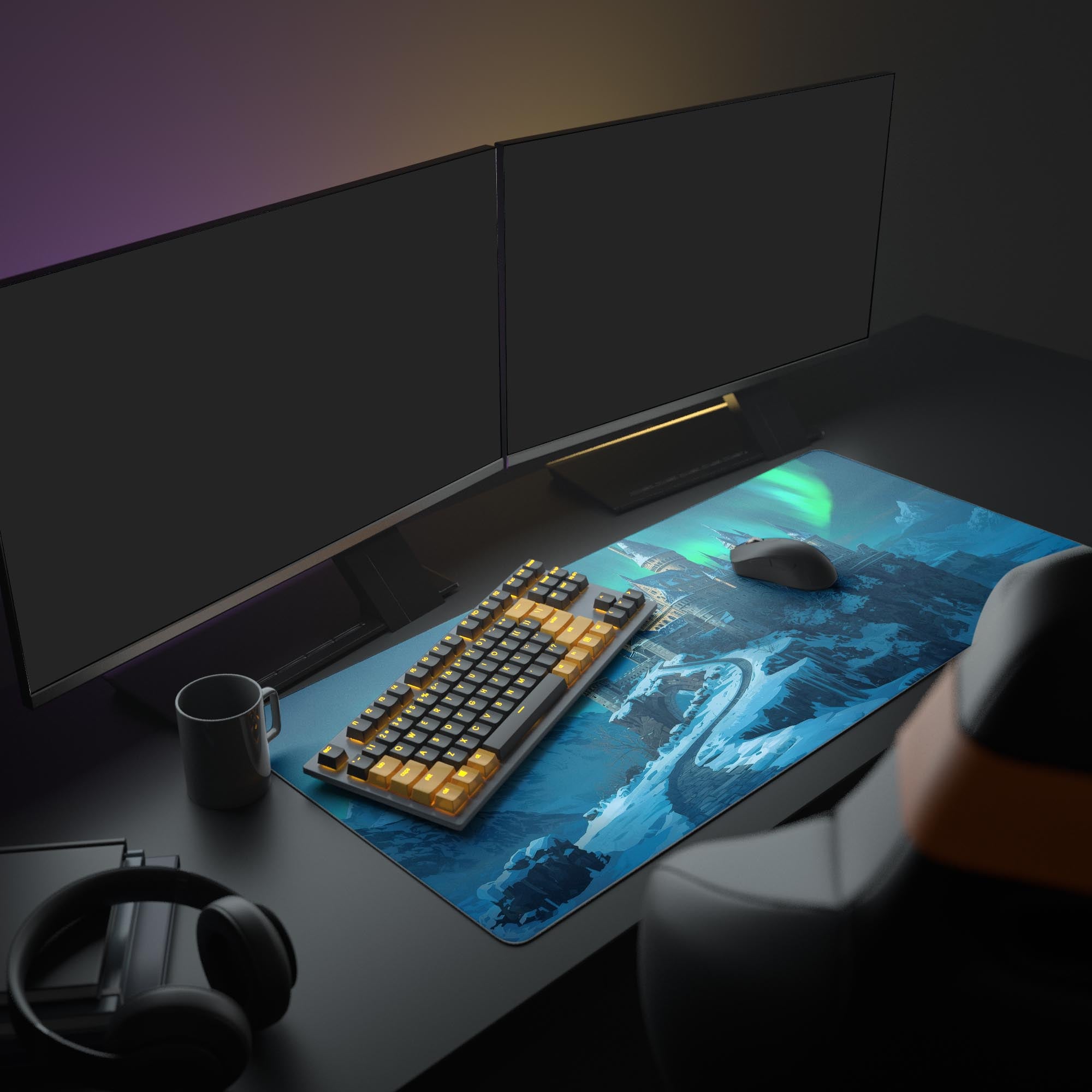 Large Aurora Citadel gaming mouse pad in a full desk setup with dual monitors, keyboard, and headphones, featuring a winter fantasy castle design. - Epic Design Pads