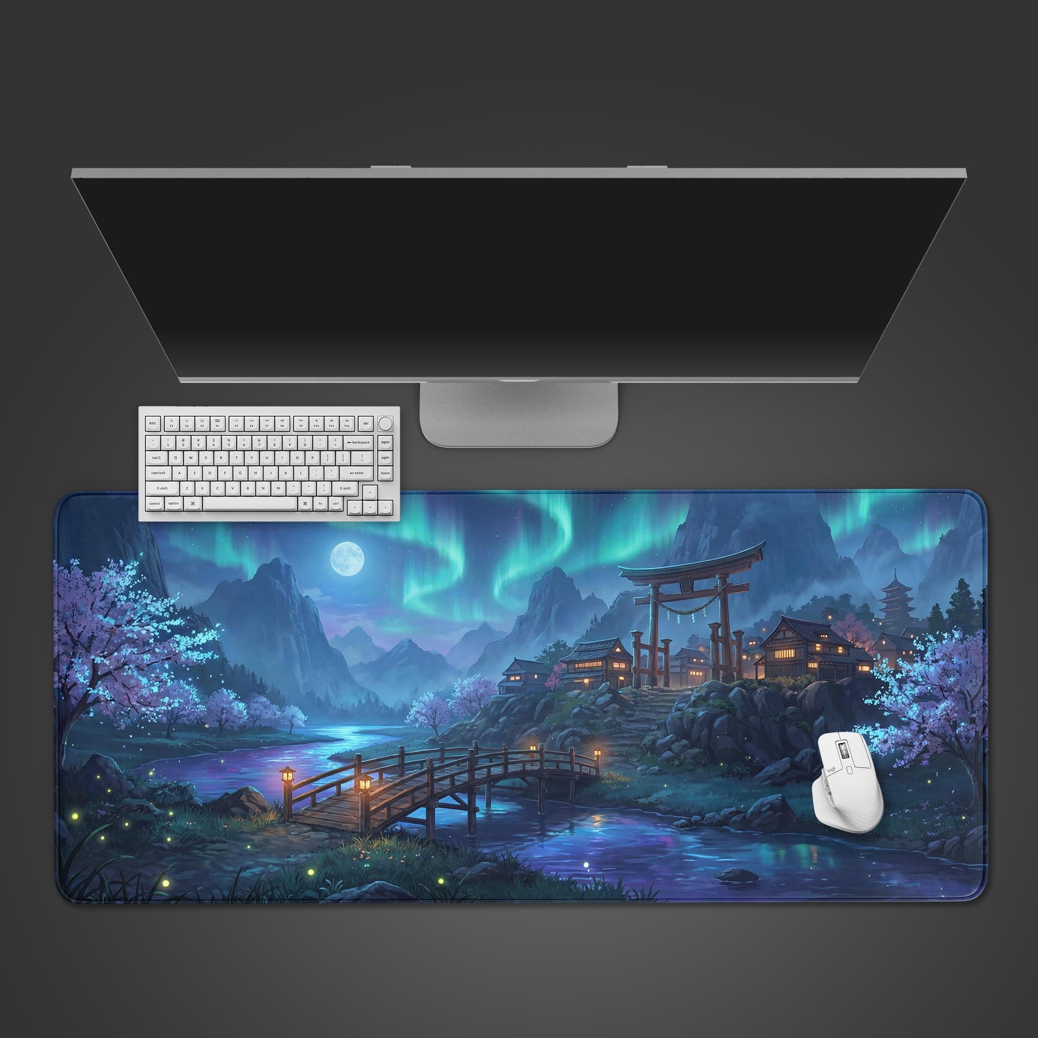 The Aurora Shrine gaming desk mat viewed from above with a white keyboard and mouse, showcasing the serene Japanese landscape with vibrant northern lights. - Epic Design Pads & Mousepads