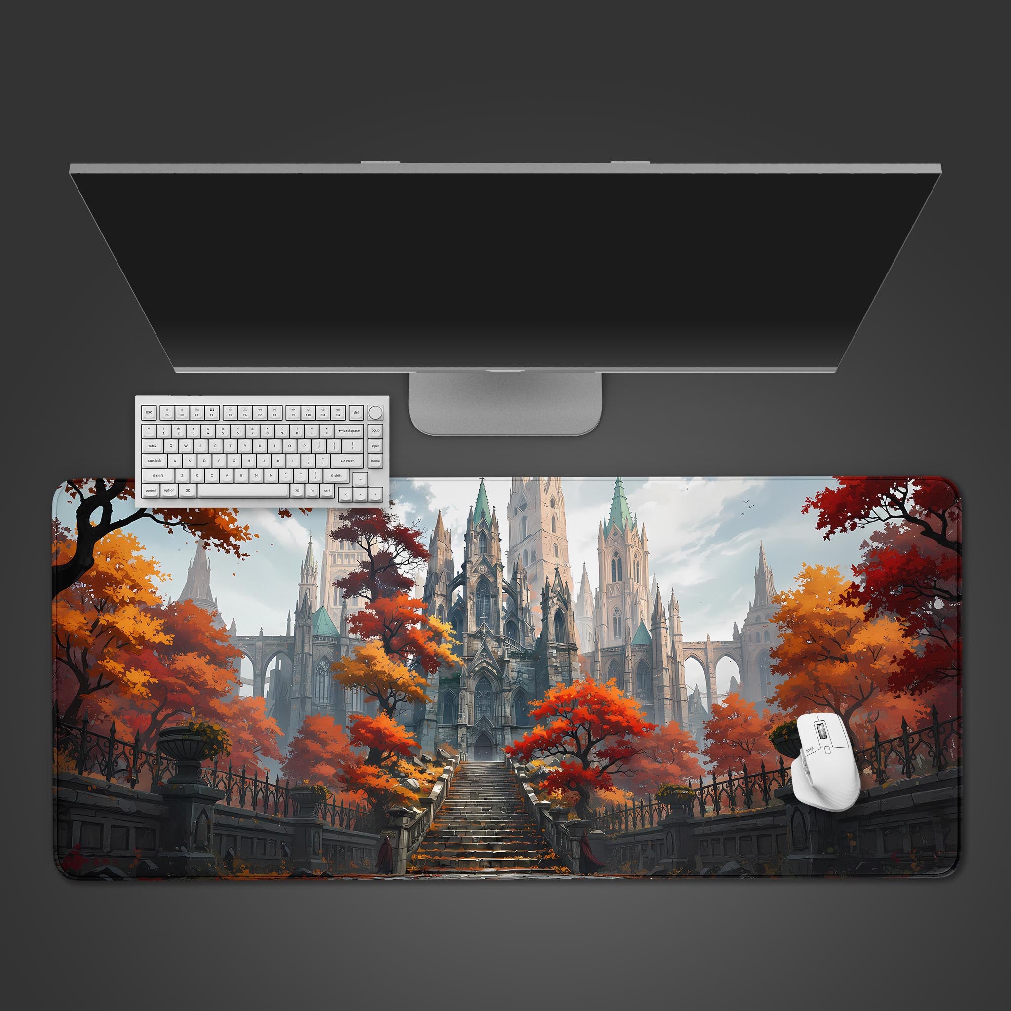 Molten Heart lava desk mat with fiery abstract design, shown in a desktop view with a black keyboard and mouse. - Epic Design Pads & Mousepads