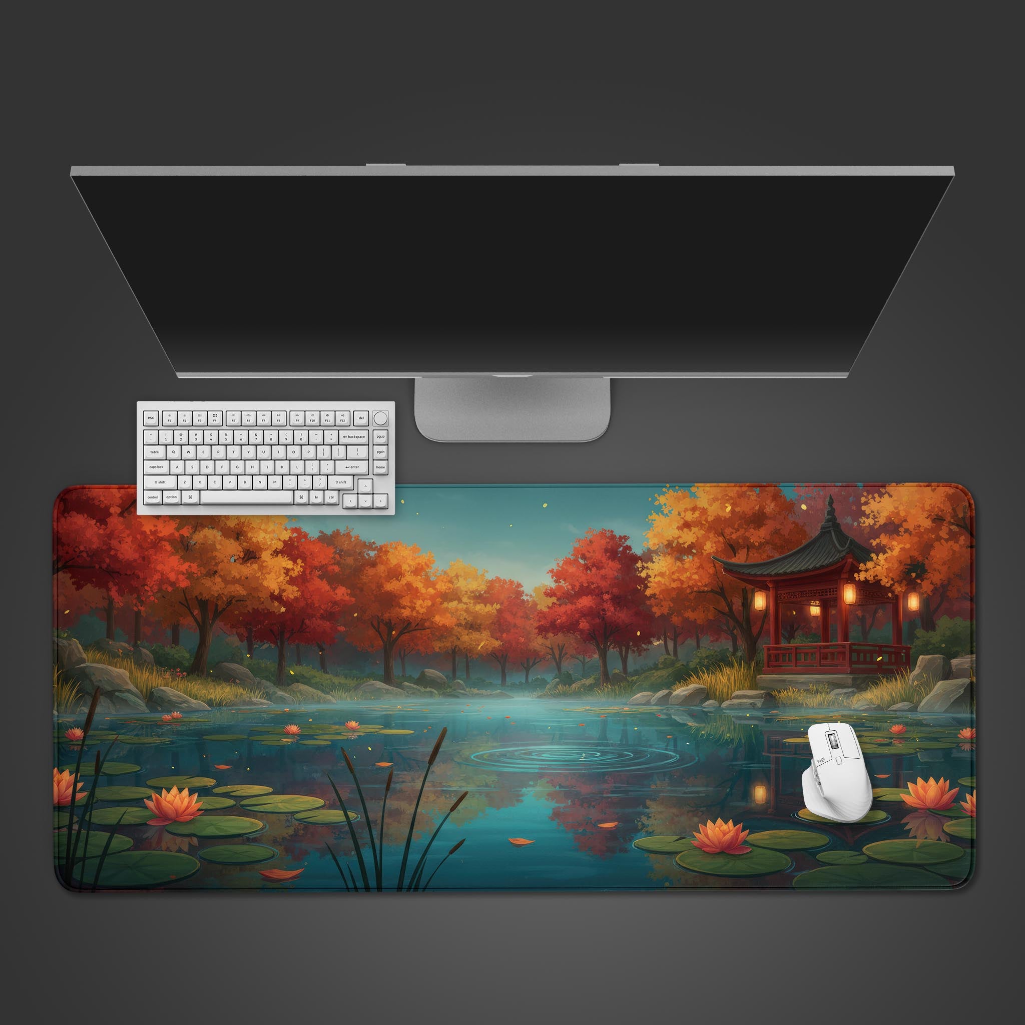 Autumn Pond desk mat with a Japanese garden and lotus flowers – top-down view with a white keyboard and mouse. - Epic Design Pads