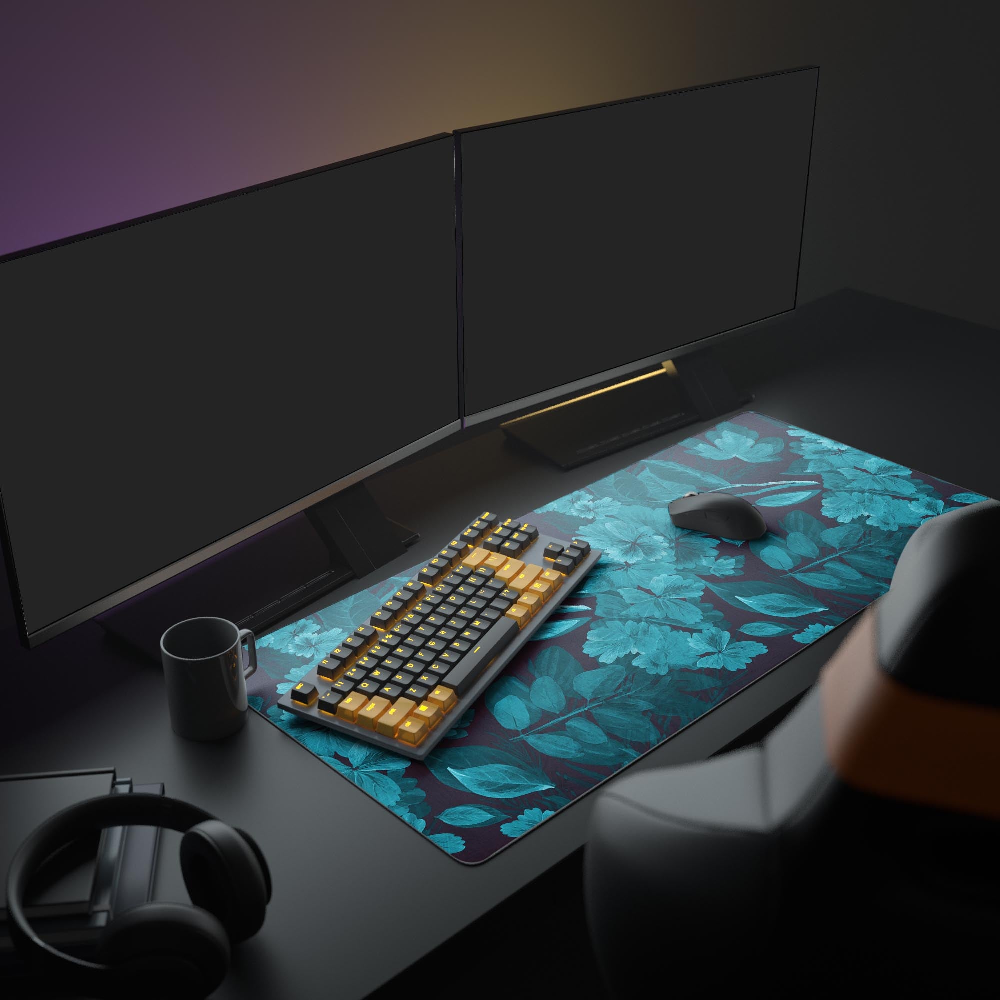 Large Azure Bloom floral desk mat in a chic office setup with a monitor, plant, and aesthetic accessories. - Epic Design Pads & Mousepads
