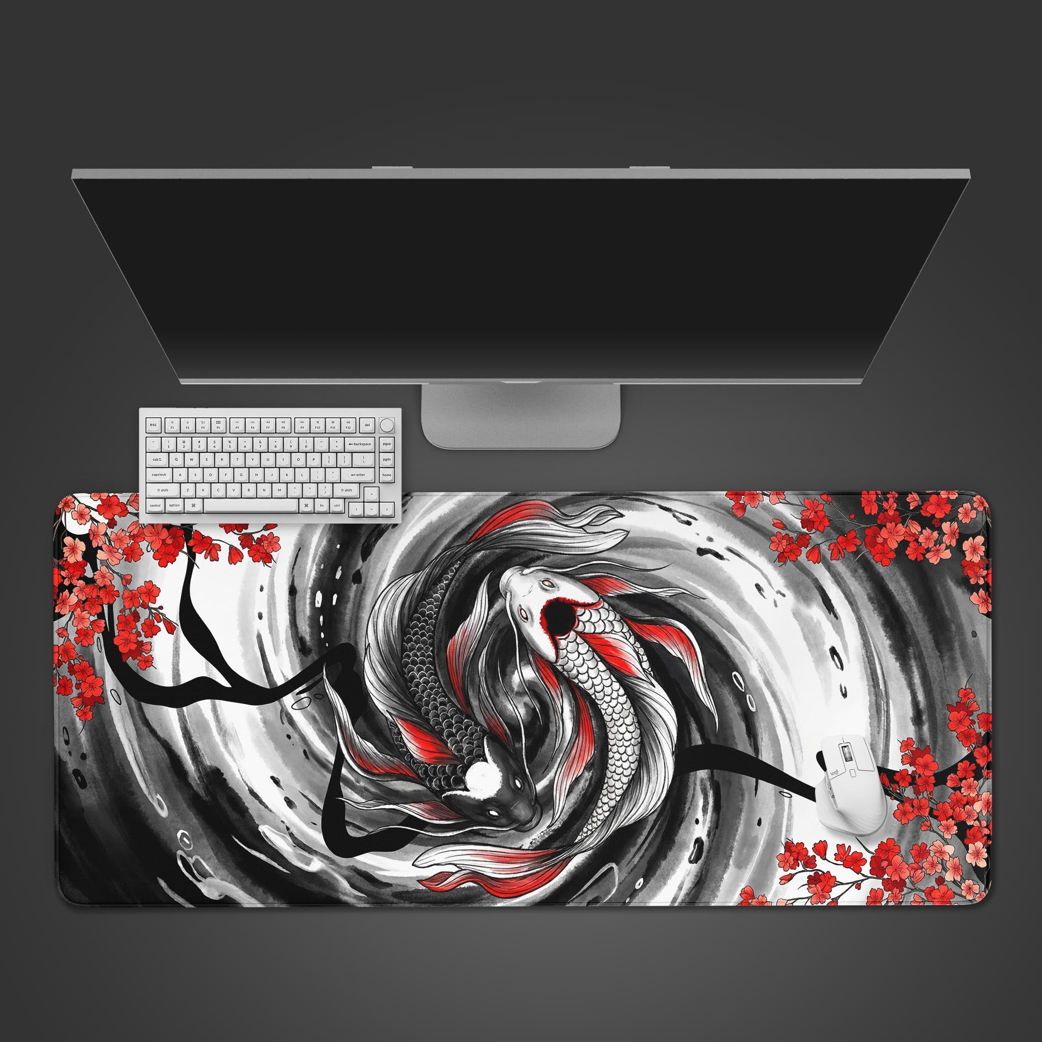 Yin Yang koi fish desk mat in a minimalist desk setup. Top-down view showing a black keyboard and mouse on the 'Balanced Flow' design. - Epic Design Pads & Mousepads