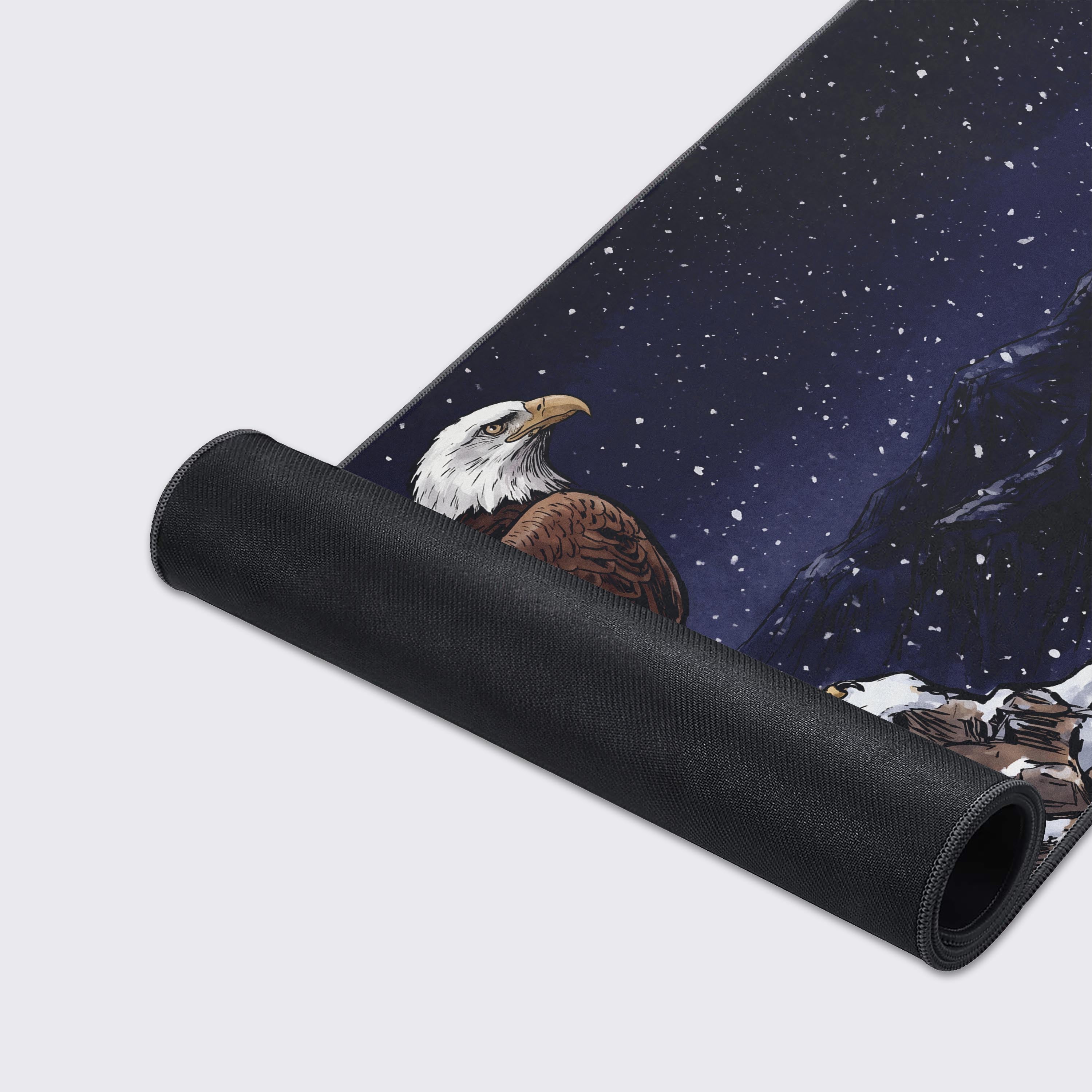Product features highlighted for the desk mat including non-slip rubber base, waterproof surface, and durable print.
