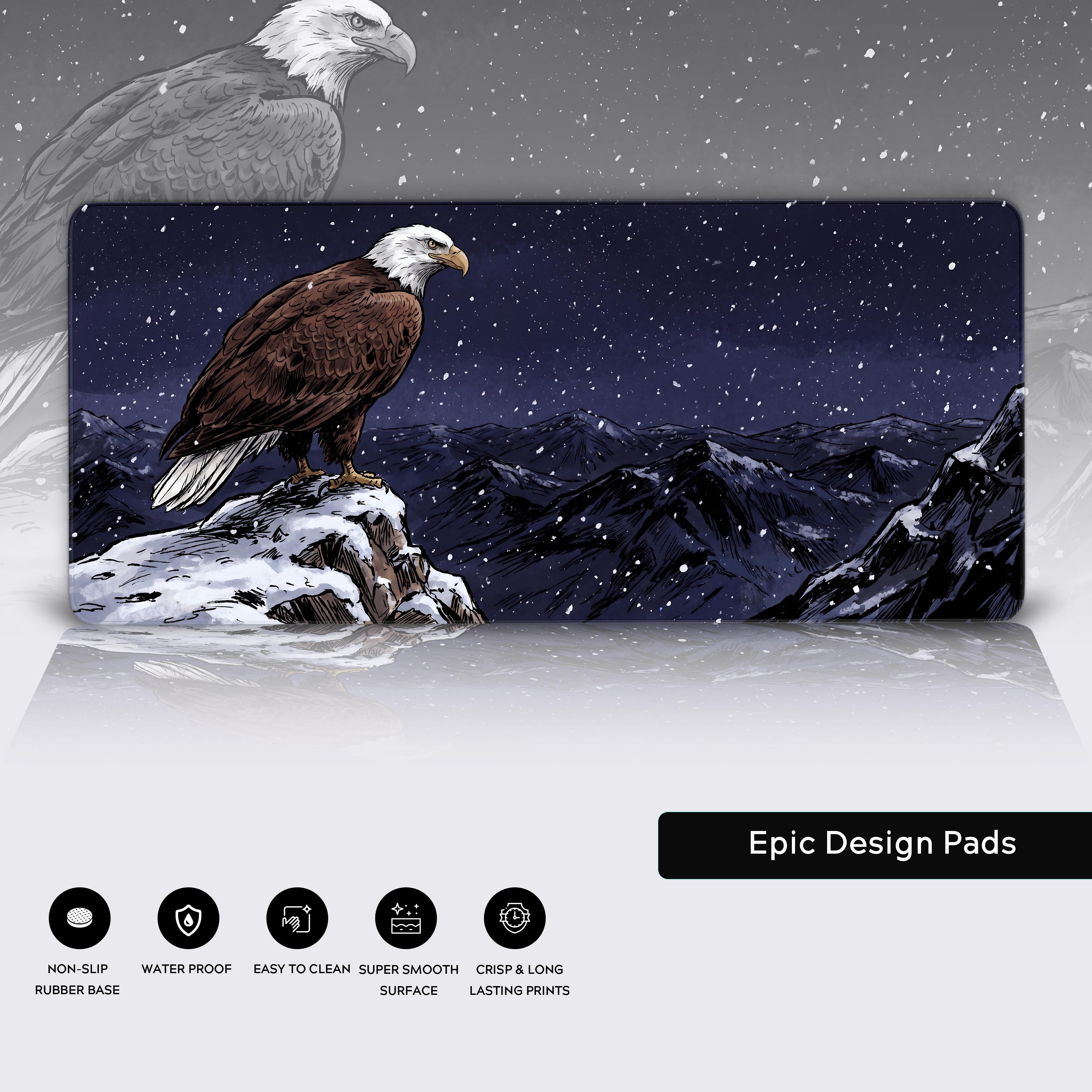 Extended gaming mouse pad showcasing a majestic bald eagle in a dark winter alpine landscape aesthetic.
