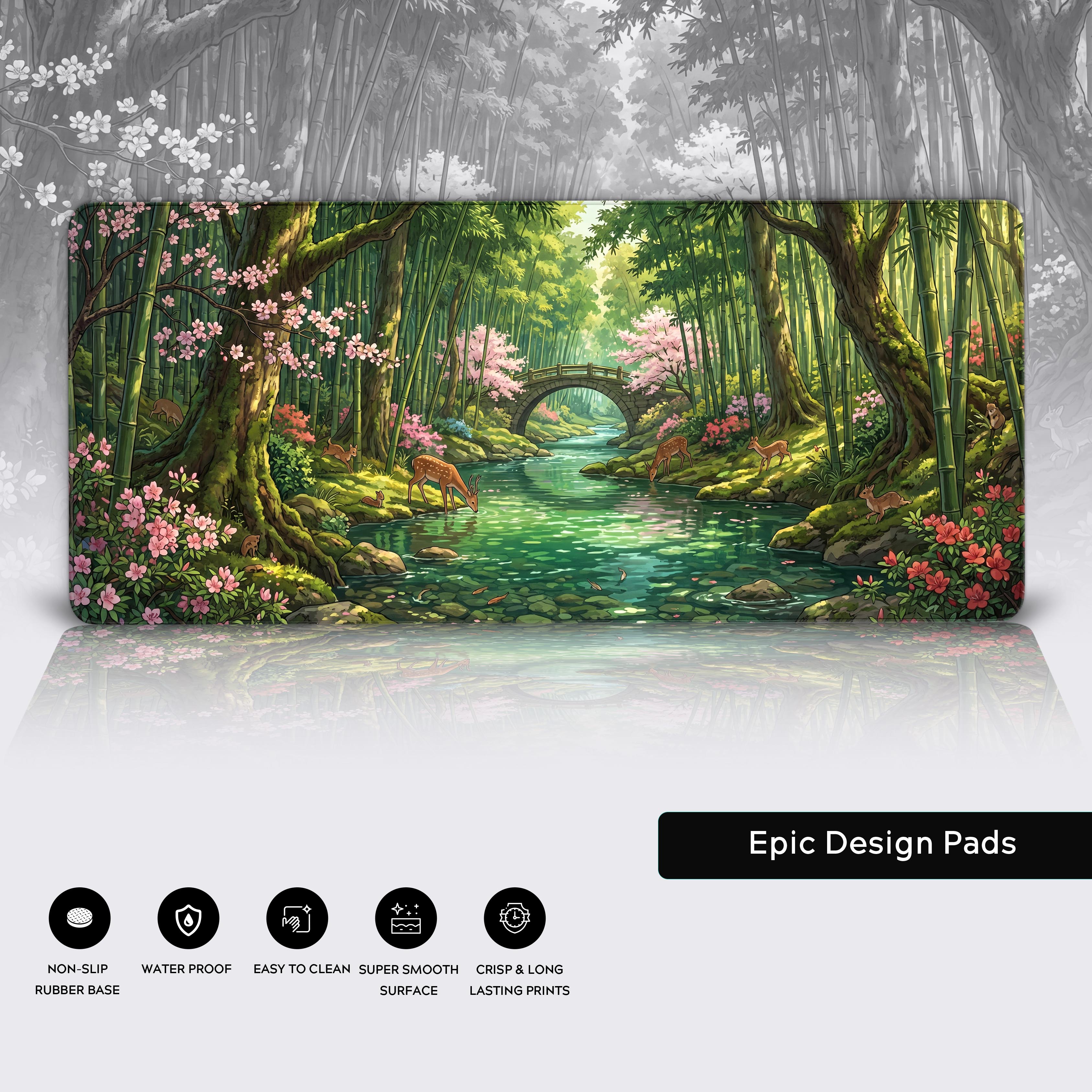 Epic Design Pads desk mat showcasing non-slip, waterproof, and easy-to-clean features alongside beautiful forest art.