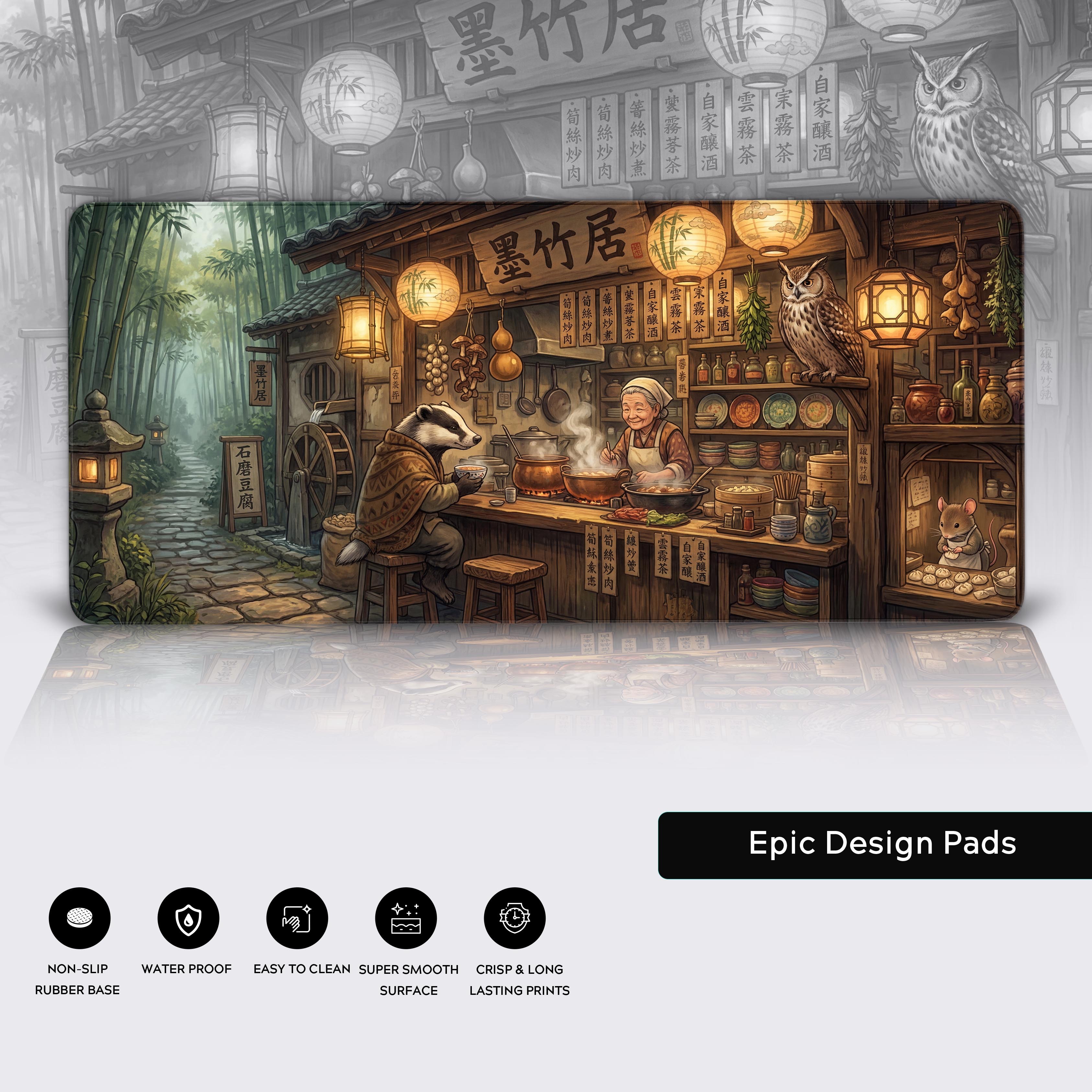 Epic Design Pads desk mat graphic displaying non-slip rubber base, waterproof, and easy to clean icons