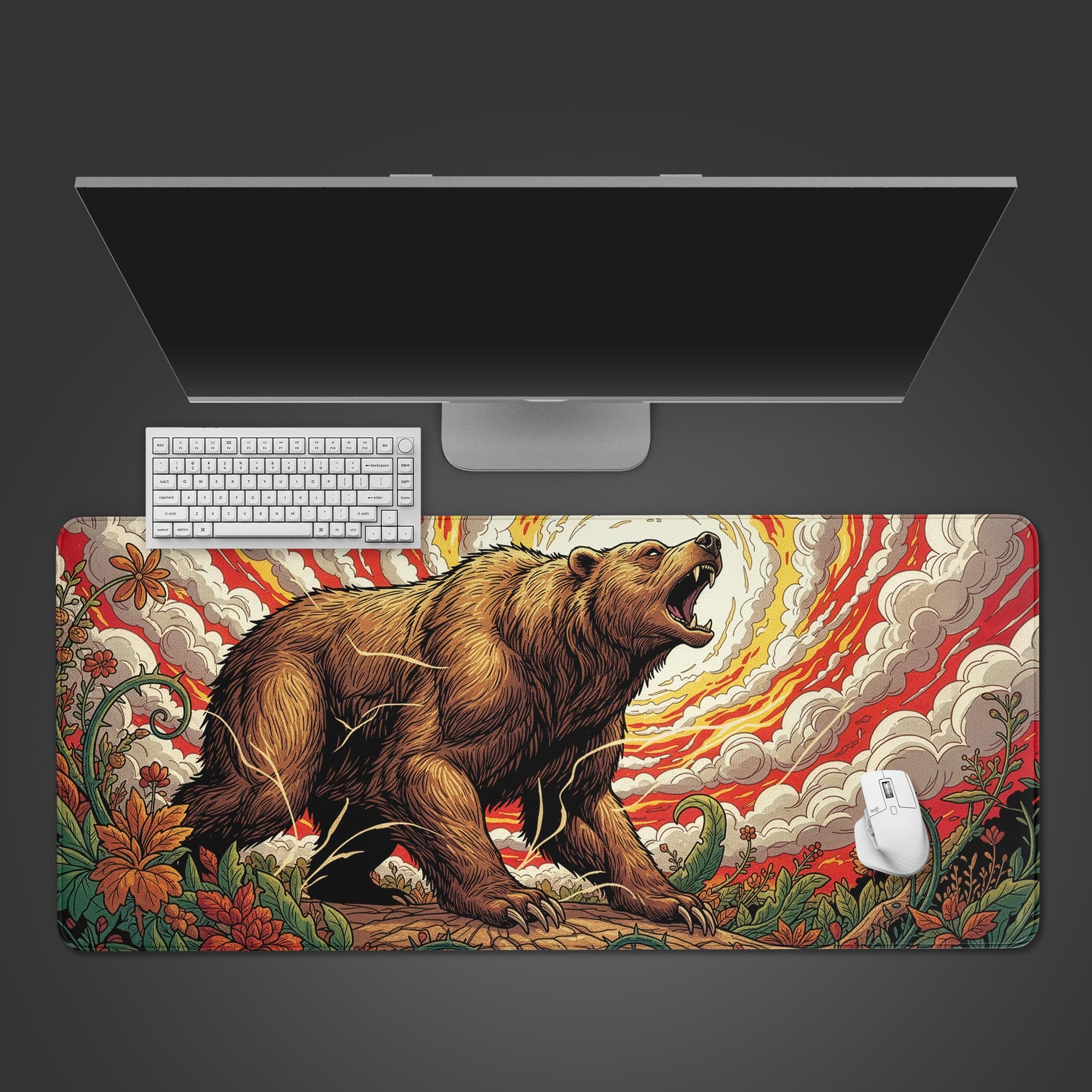 The Bear's Path desk mat with roaring bear woodcut art, shown from a top-down view on a desk with a black keyboard and mouse. - Epic Design Pads & Mousepads