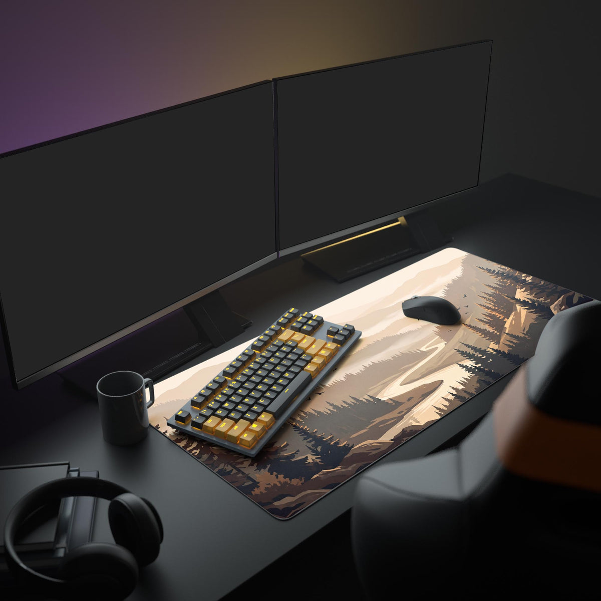 Beige fir valley desk mat on a dark desk with dual monitors, a keyboard, mouse, mug and headphones
