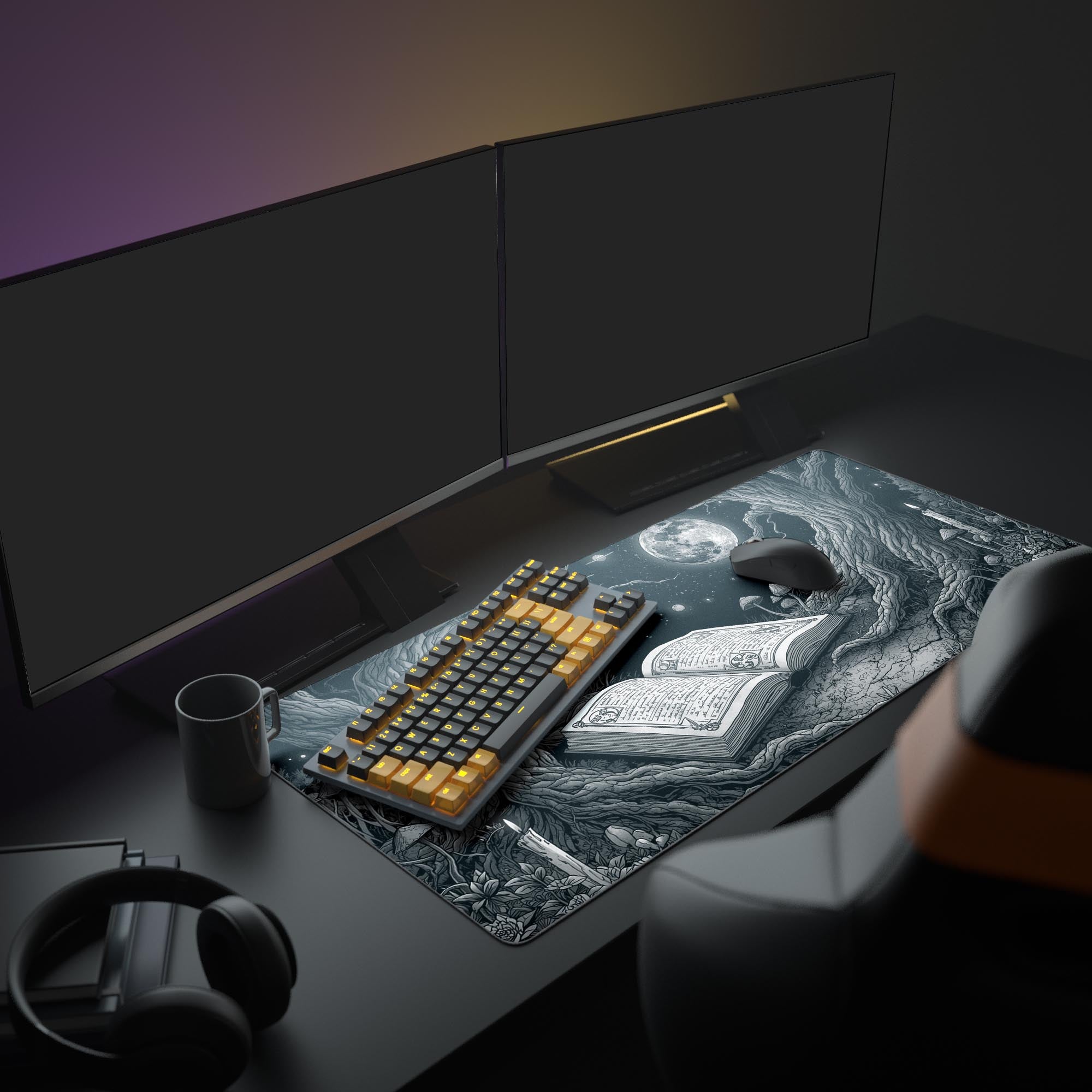 Large Black Alchemy desk mat in a cottagecore workspace setup with a monitor, plants, and vintage-style accessories. - Epic Design Pads