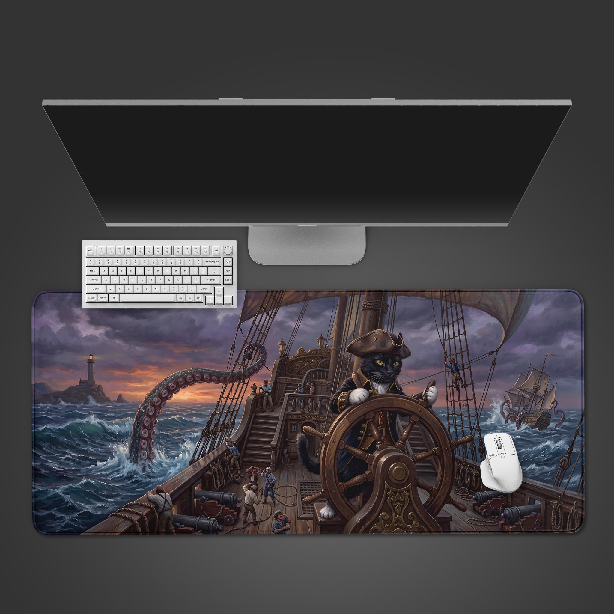 Pirate Cat Captain fantasy gaming desk mat with kraken tentacles and stormy sea