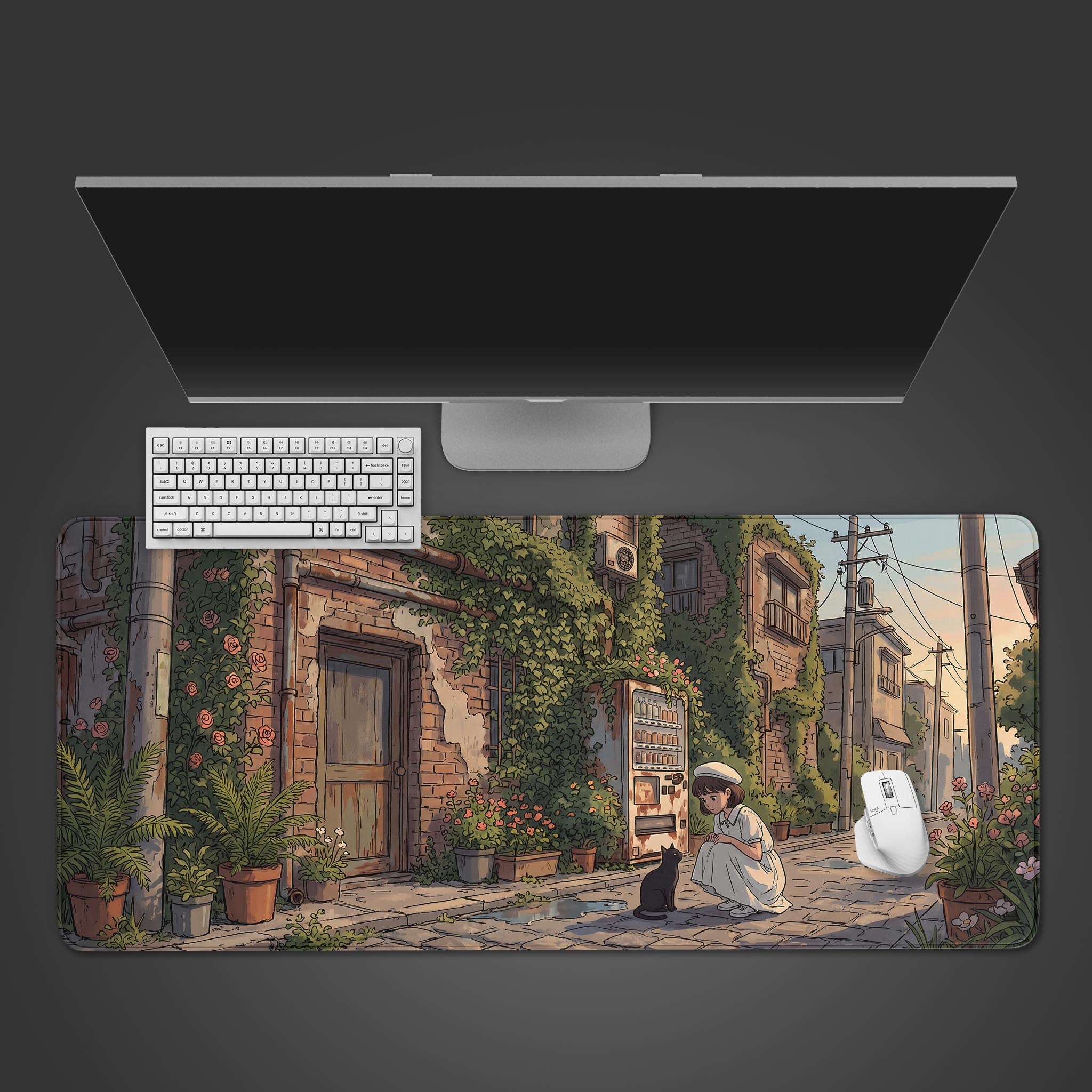 A desk mat featuring anime-style art of a girl looking at a black cat in a rustic, vine-covered alleyway.