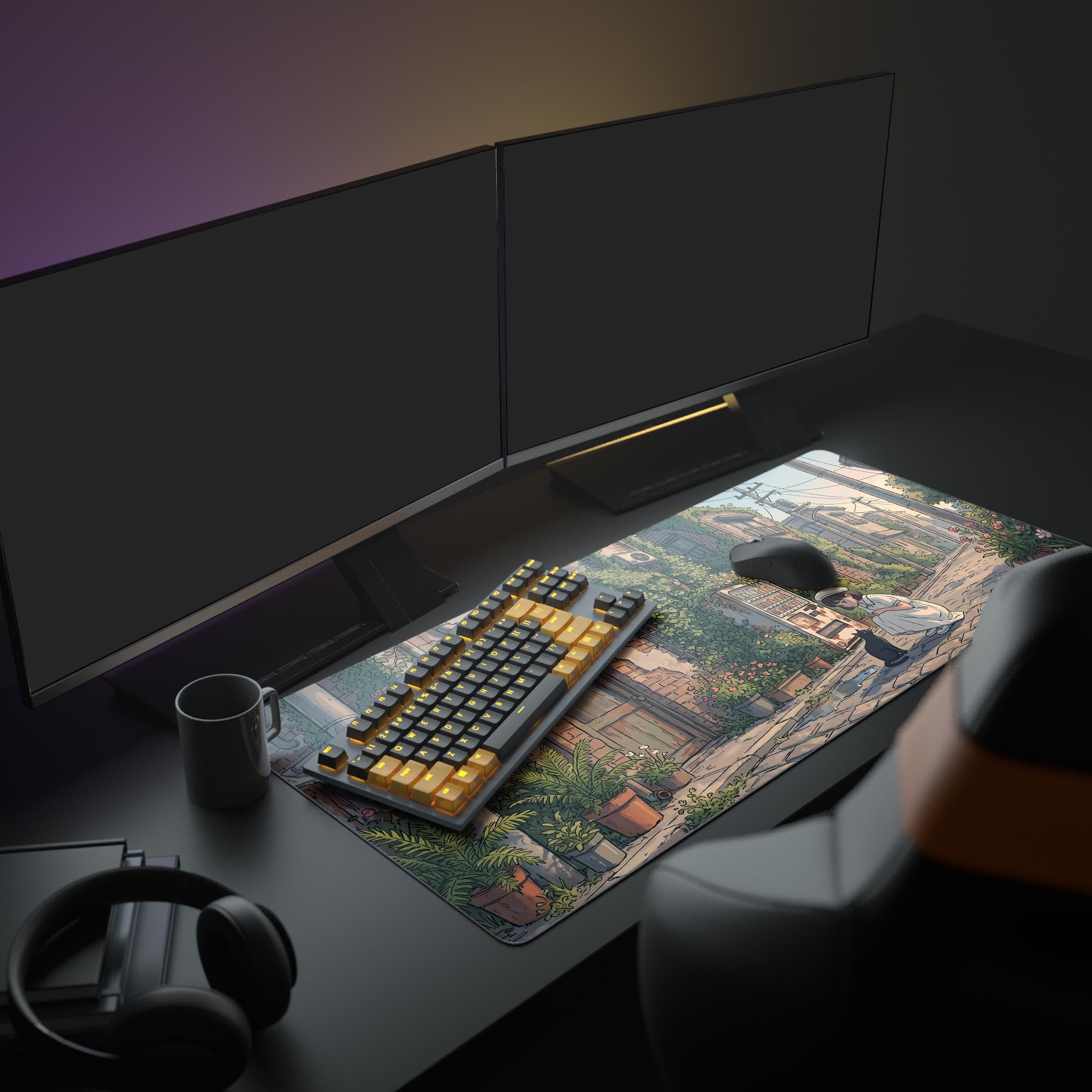Close-up of the vintage vending machine and potted plants on the desk mat artwork.