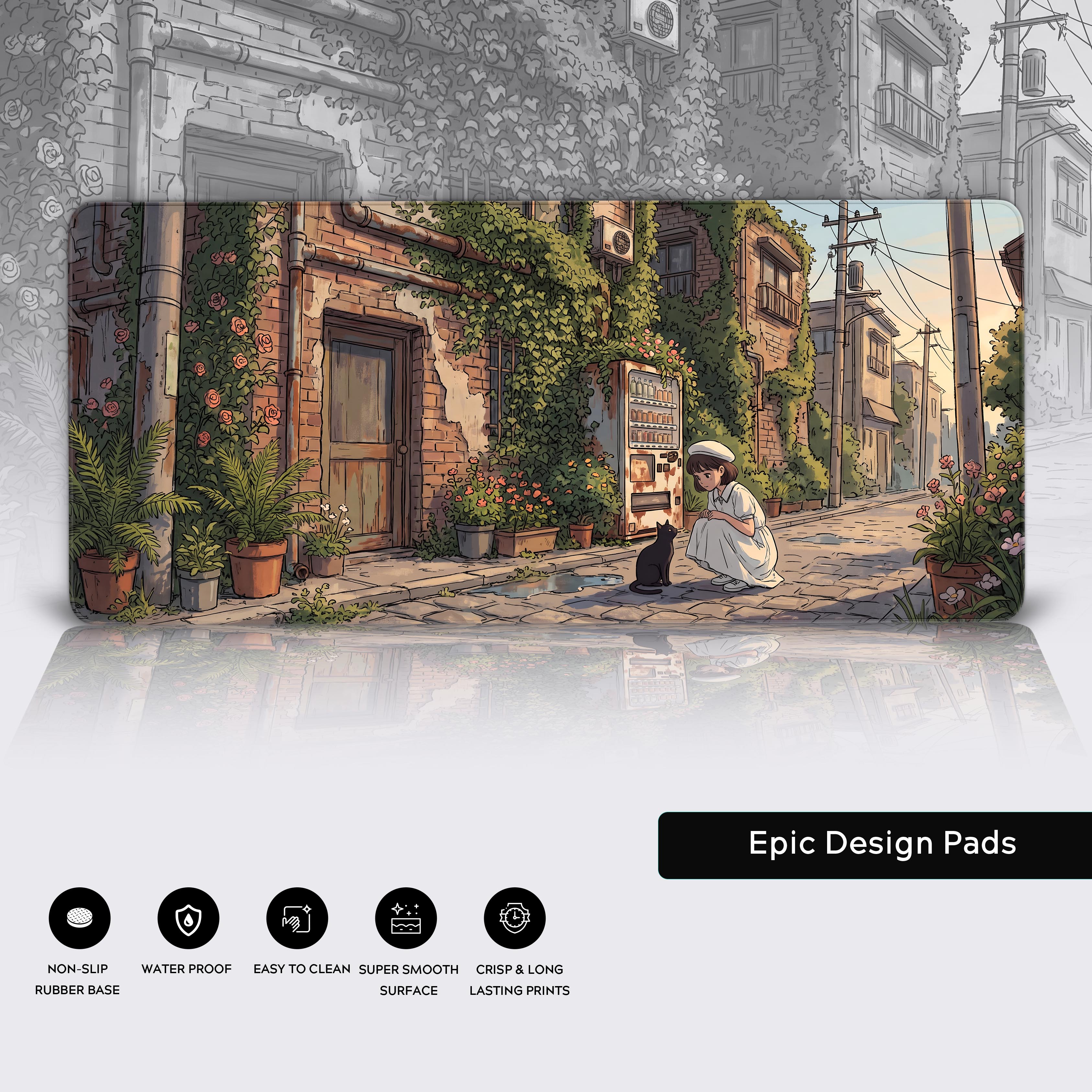 Product layout showing the anime landscape desk mat with feature icons displayed below.