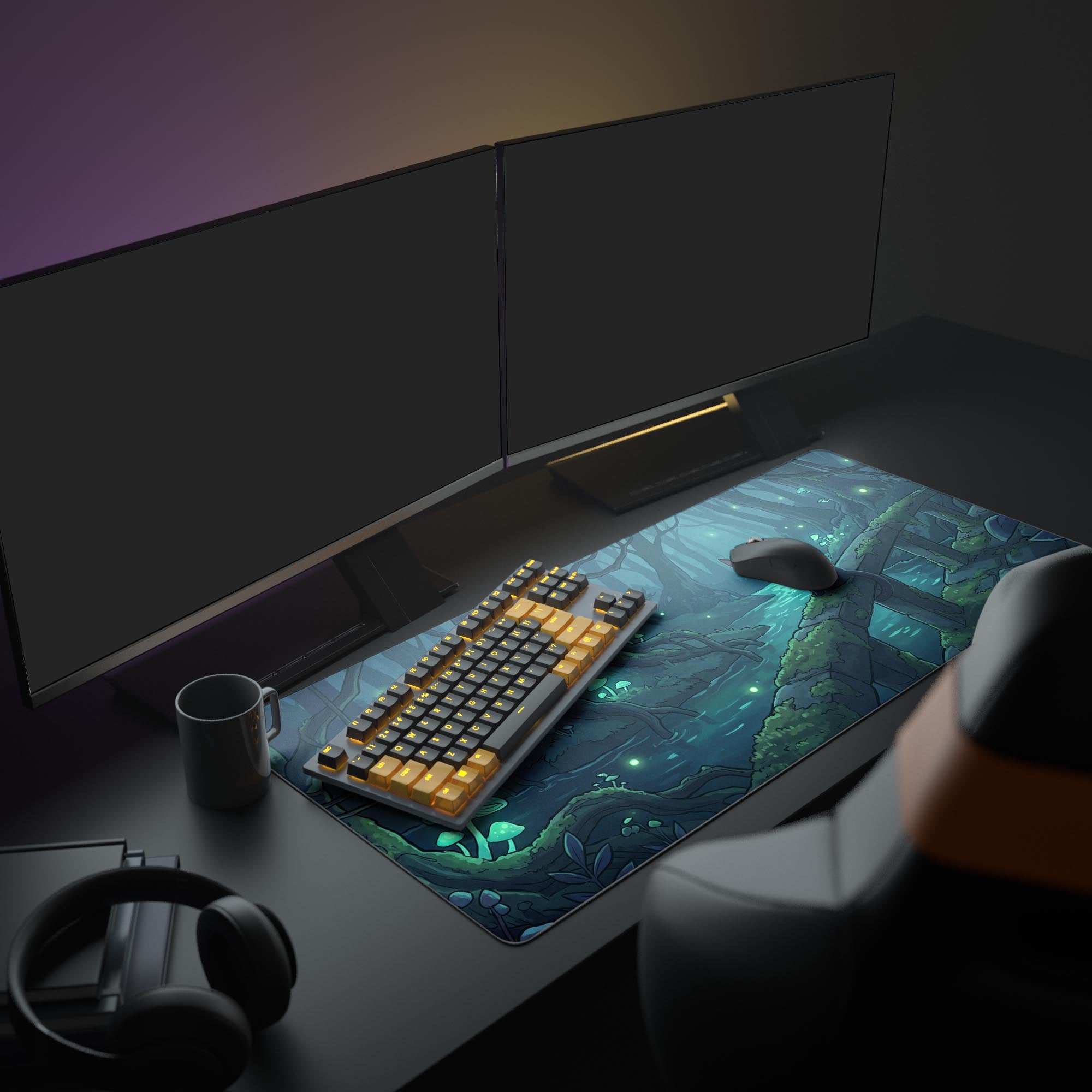 Detailed view of the desk mat artwork showing glowing green bioluminescent mushrooms and twisted tree roots by a dark stream.