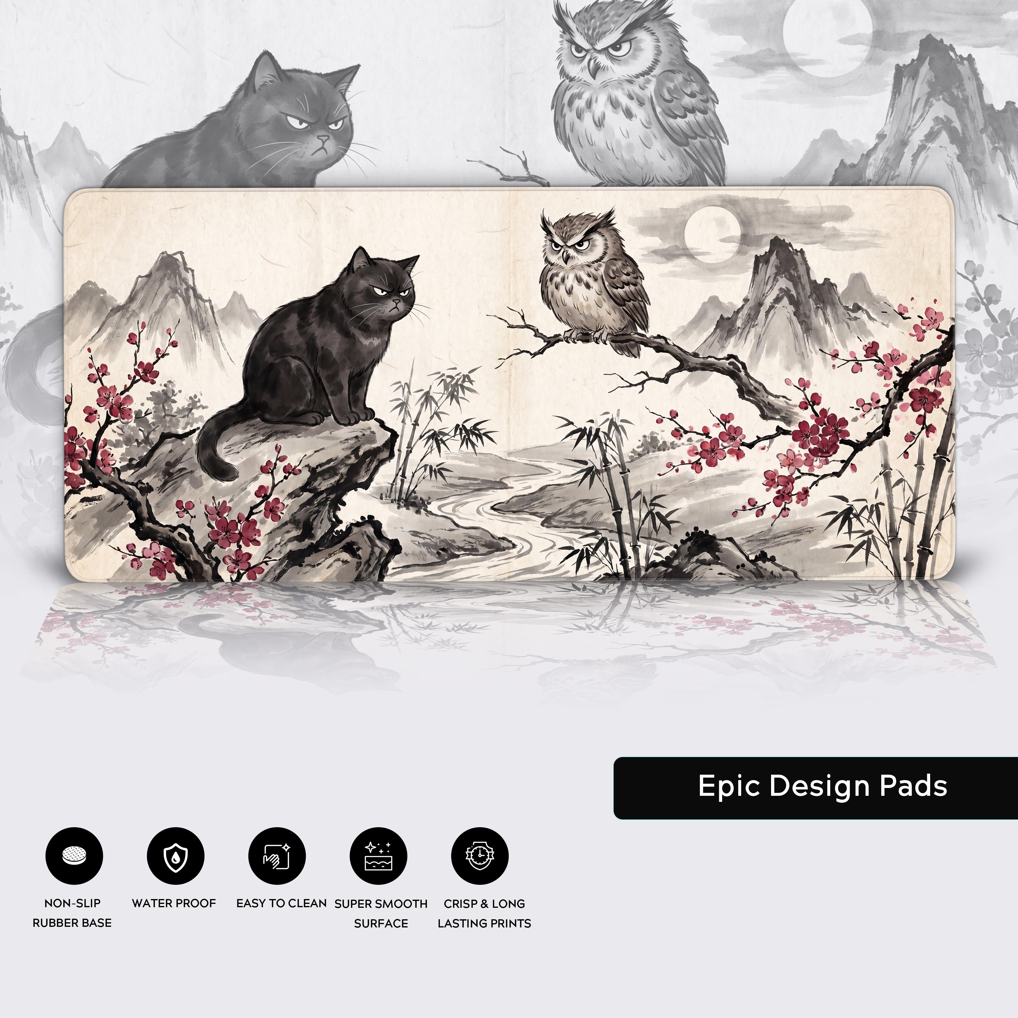 Features of the premium desk mat highlighting non-slip base, waterproof surface, and crisp prints