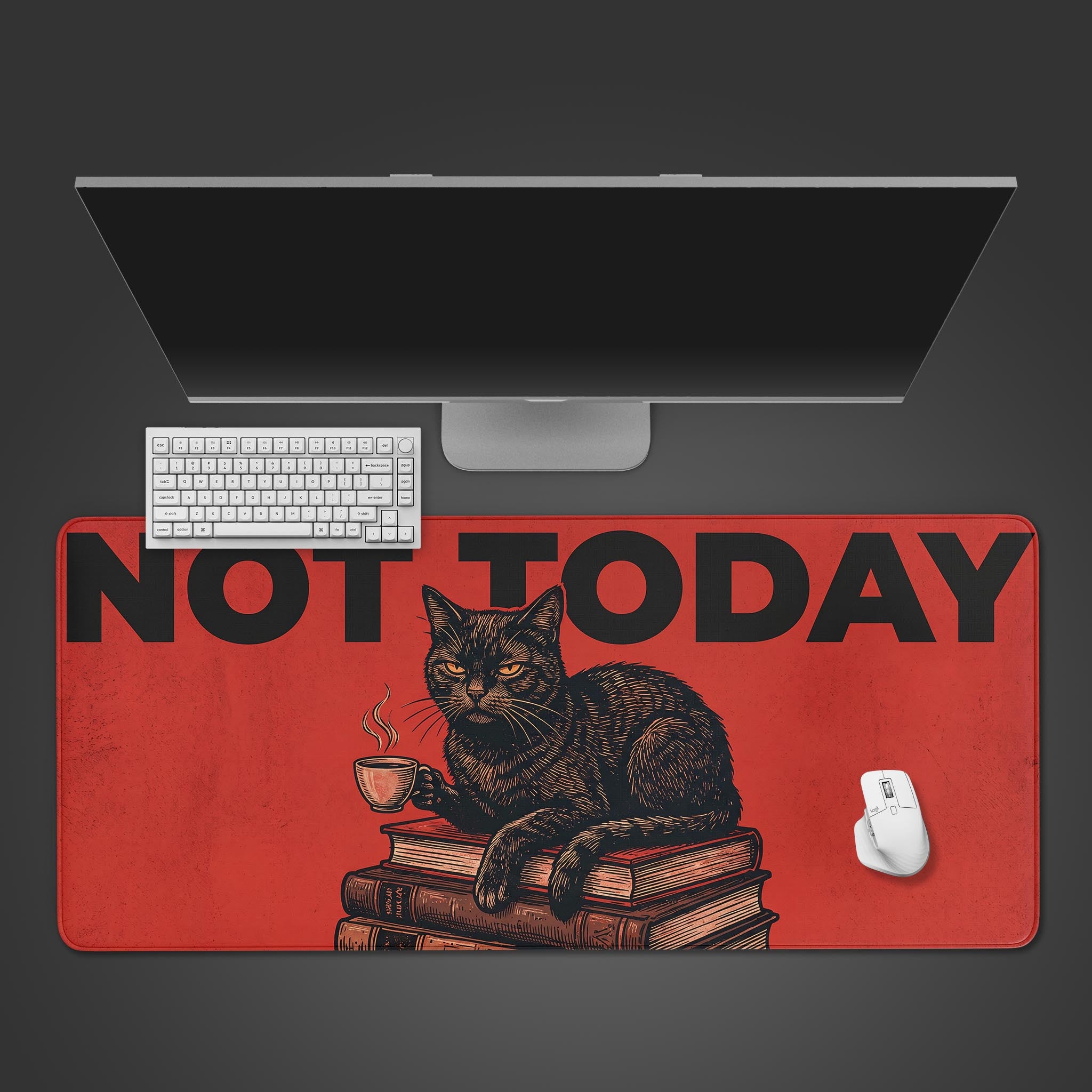 Red desk mat featuring a grumpy black cat sitting on books with coffee and the text Not Today
