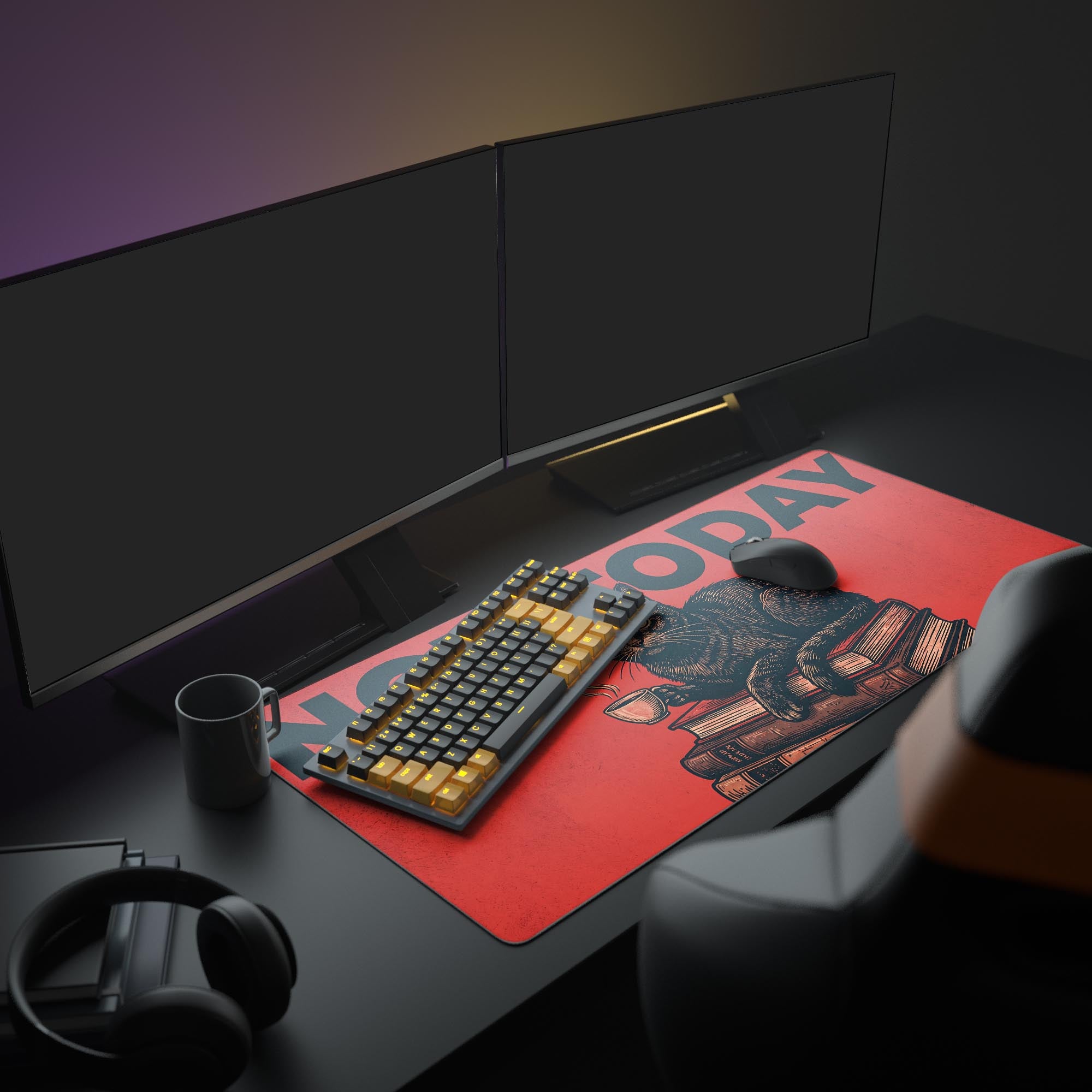 Close-up of the vintage ink-style black cat illustration on the Not Today gaming mouse pad