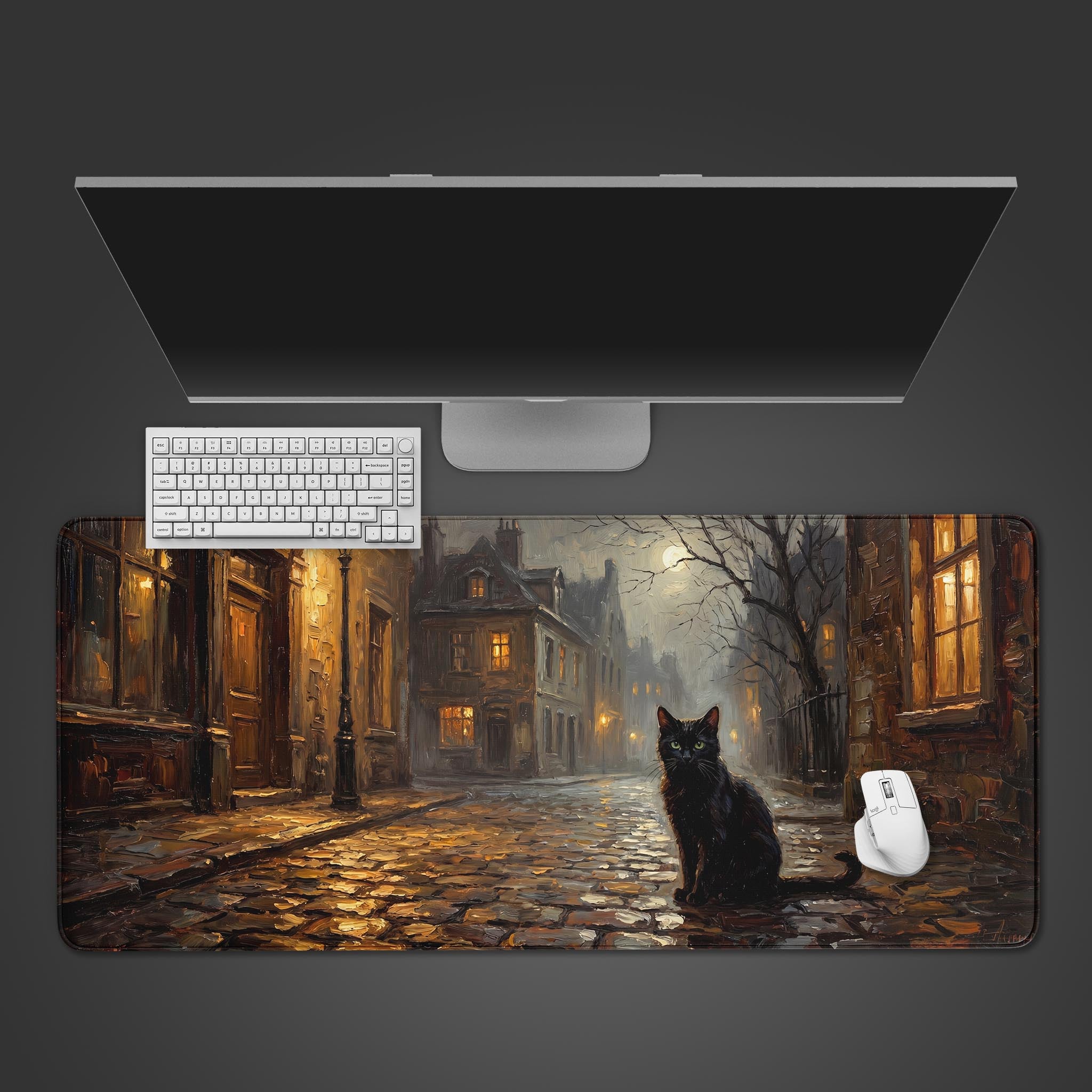 A black cat sitting on a glowing cobblestone street at night desk mat