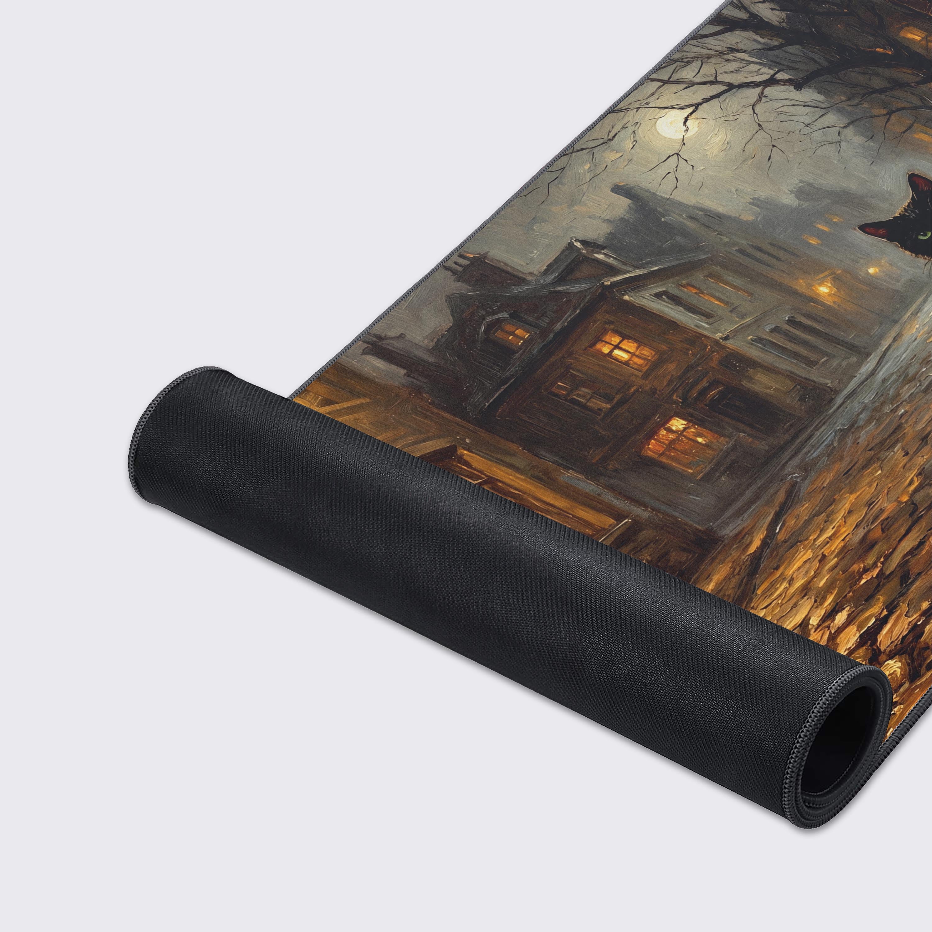 Waterproof and smooth surface details of the black cat gaming mat