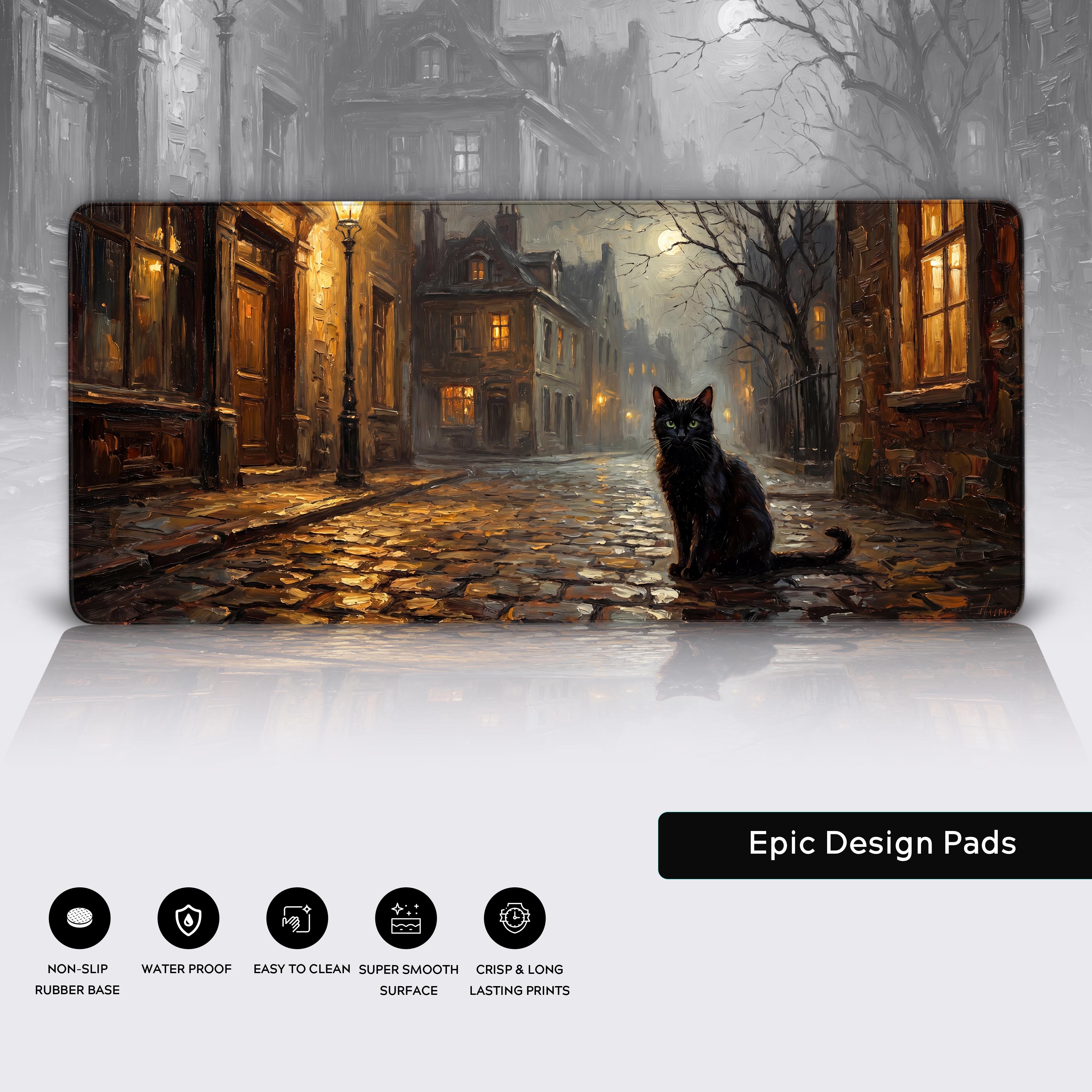 Vintage night street aesthetic desk setup with a black cat extended mousepad