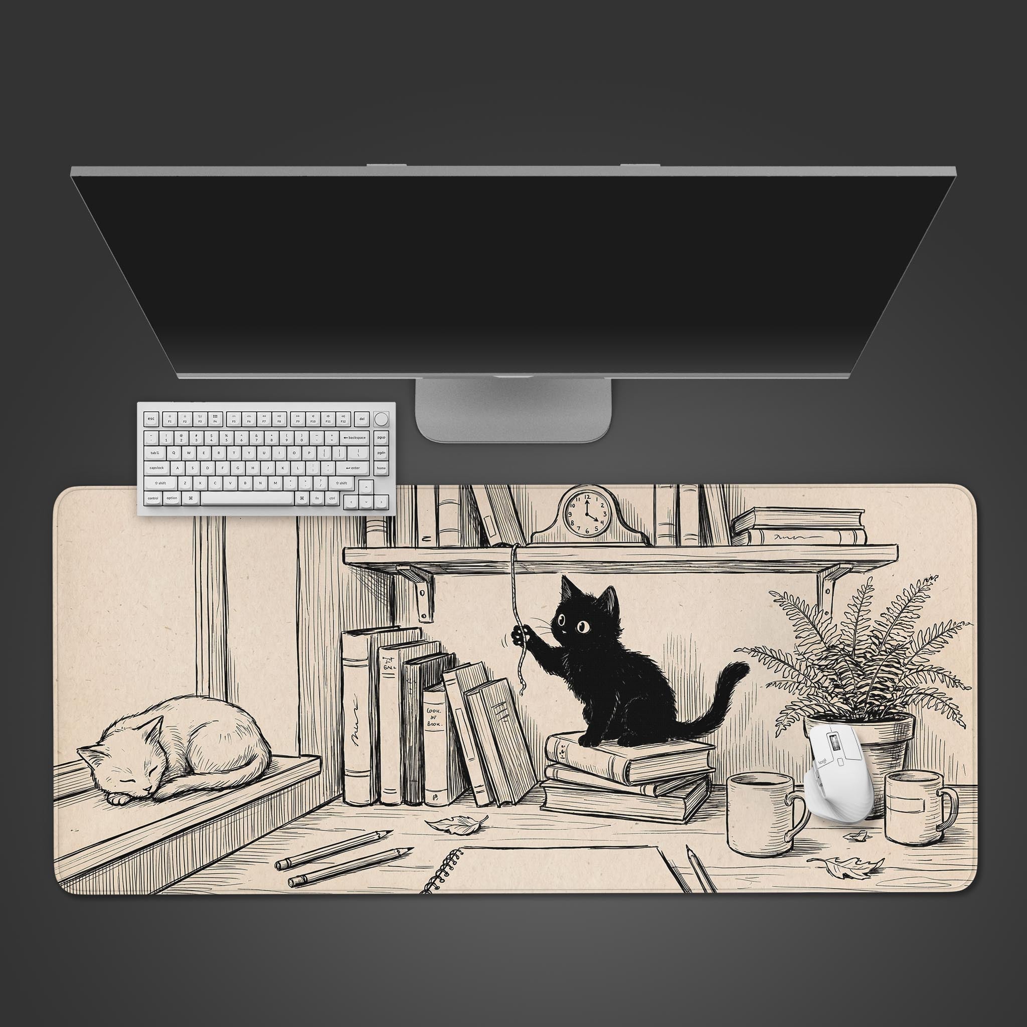 Vintage line art desk mat featuring a playful black cat and a sleeping white cat among books.