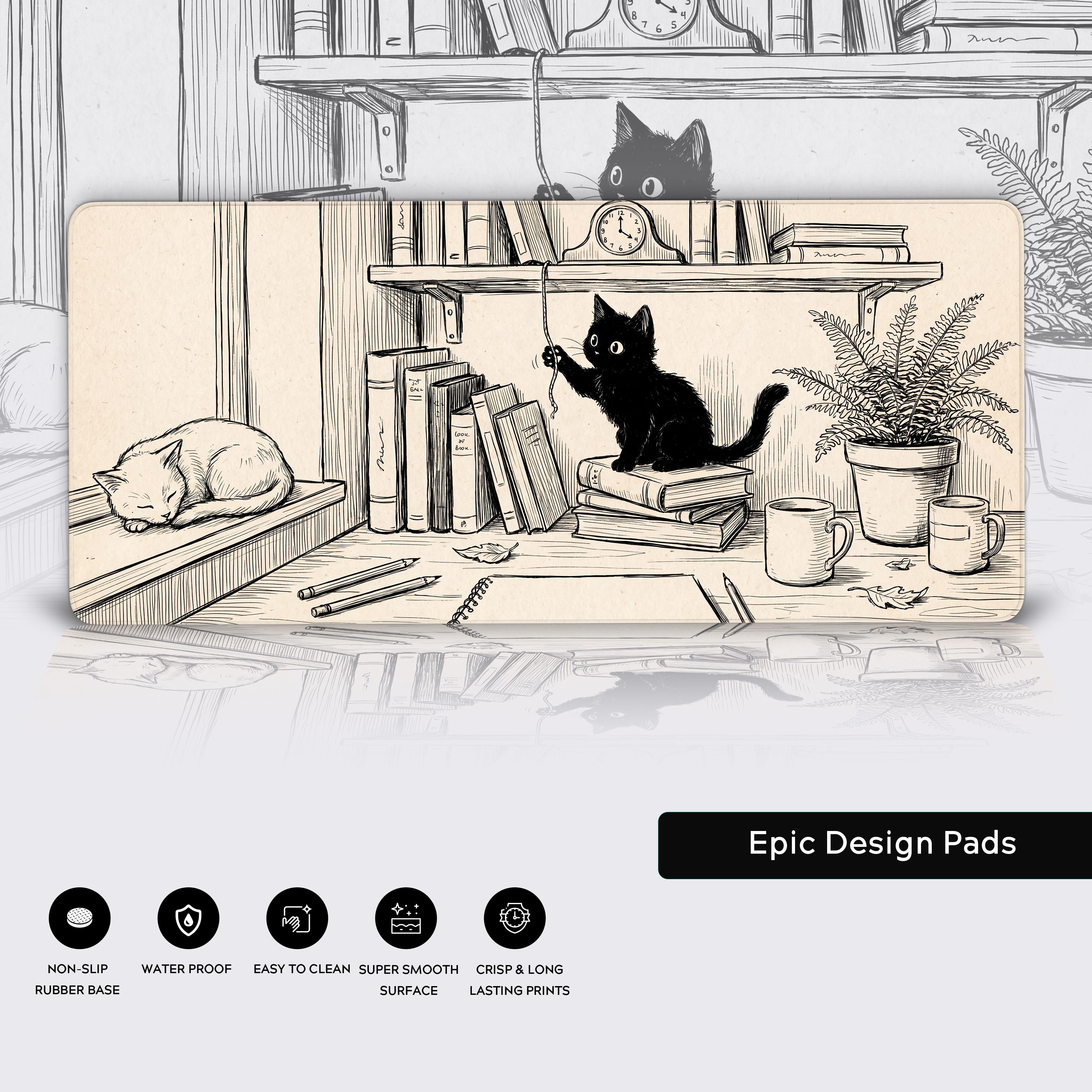 Bottom edge of the feline sketch desk pad highlighting waterproof and non-slip rubber base features.