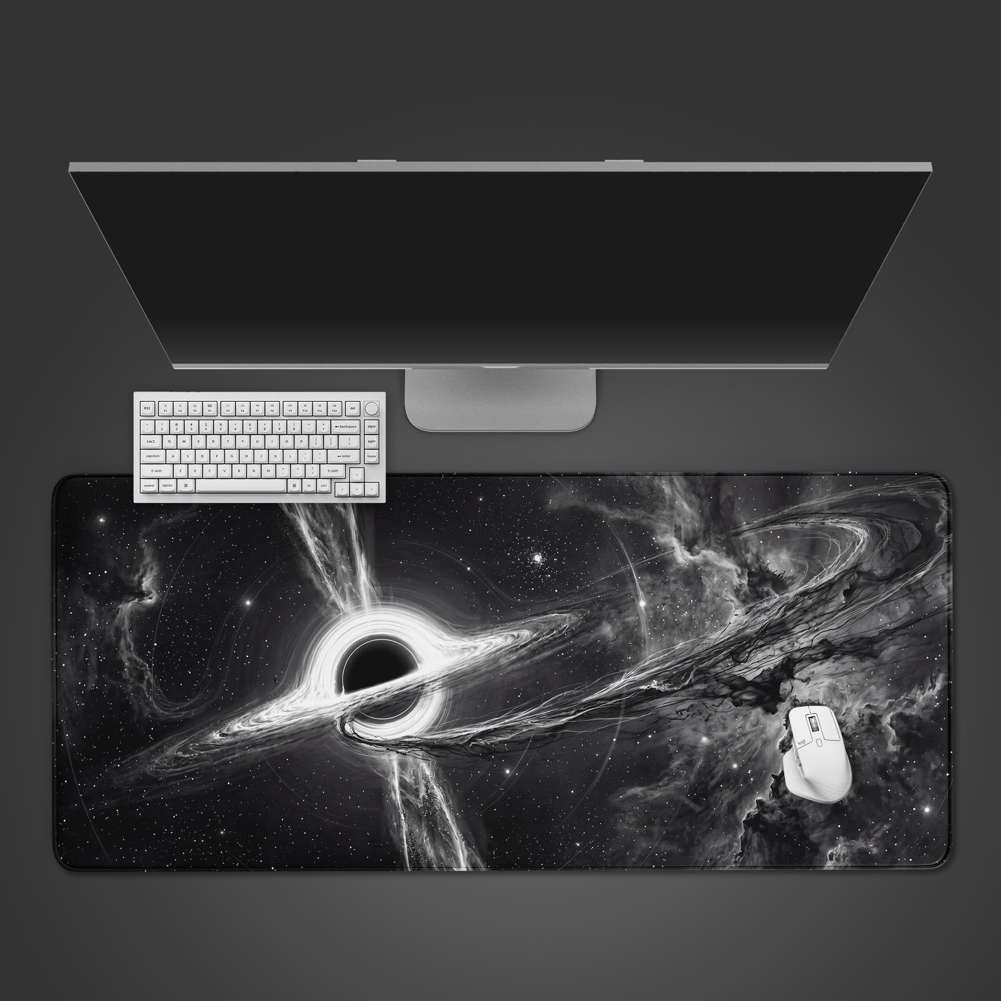 Monochrome supermassive black hole with accretion disk desk mat.