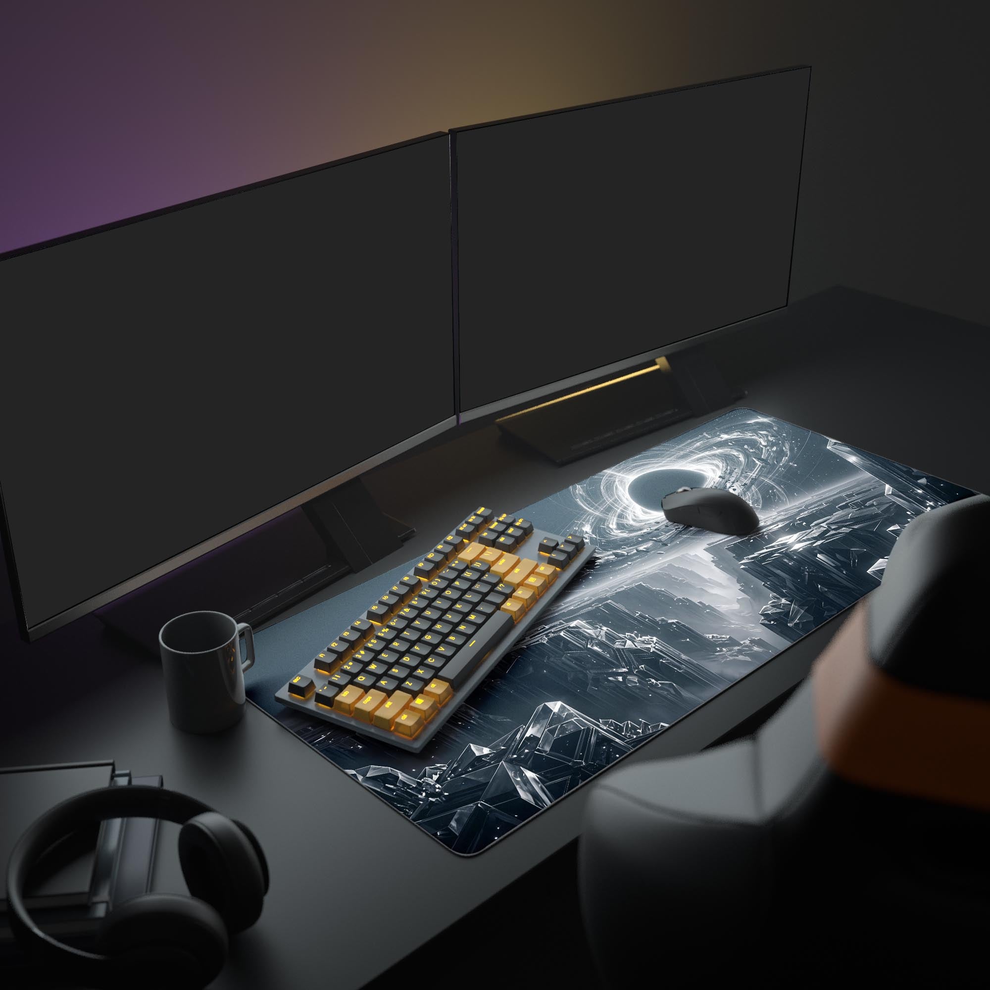 Close-up of the smooth tracking surface and high-contrast cosmic artwork on the black hole mouse pad