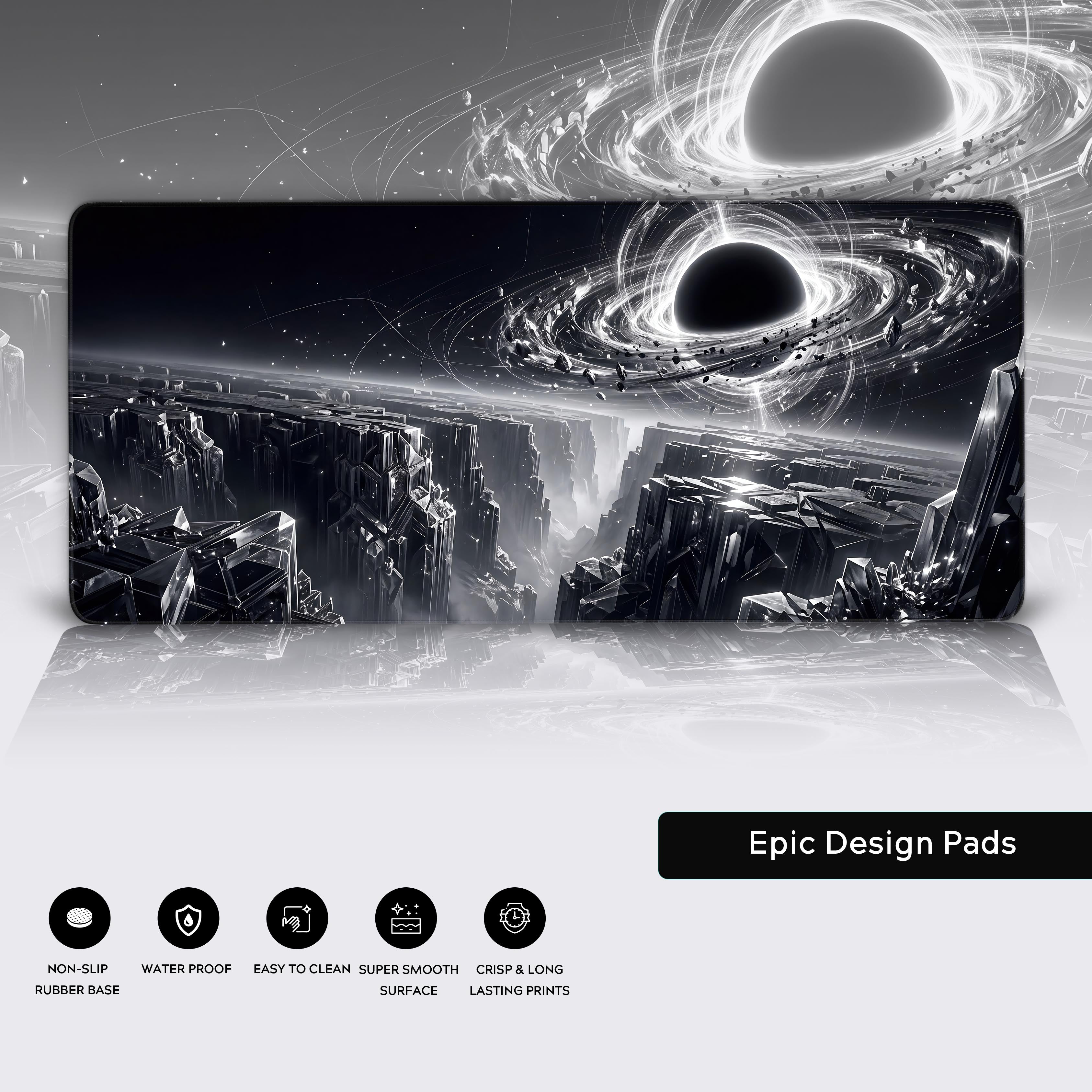 Epic black and white galaxy desk setup featuring the Obsidian Singularity extended mouse pad