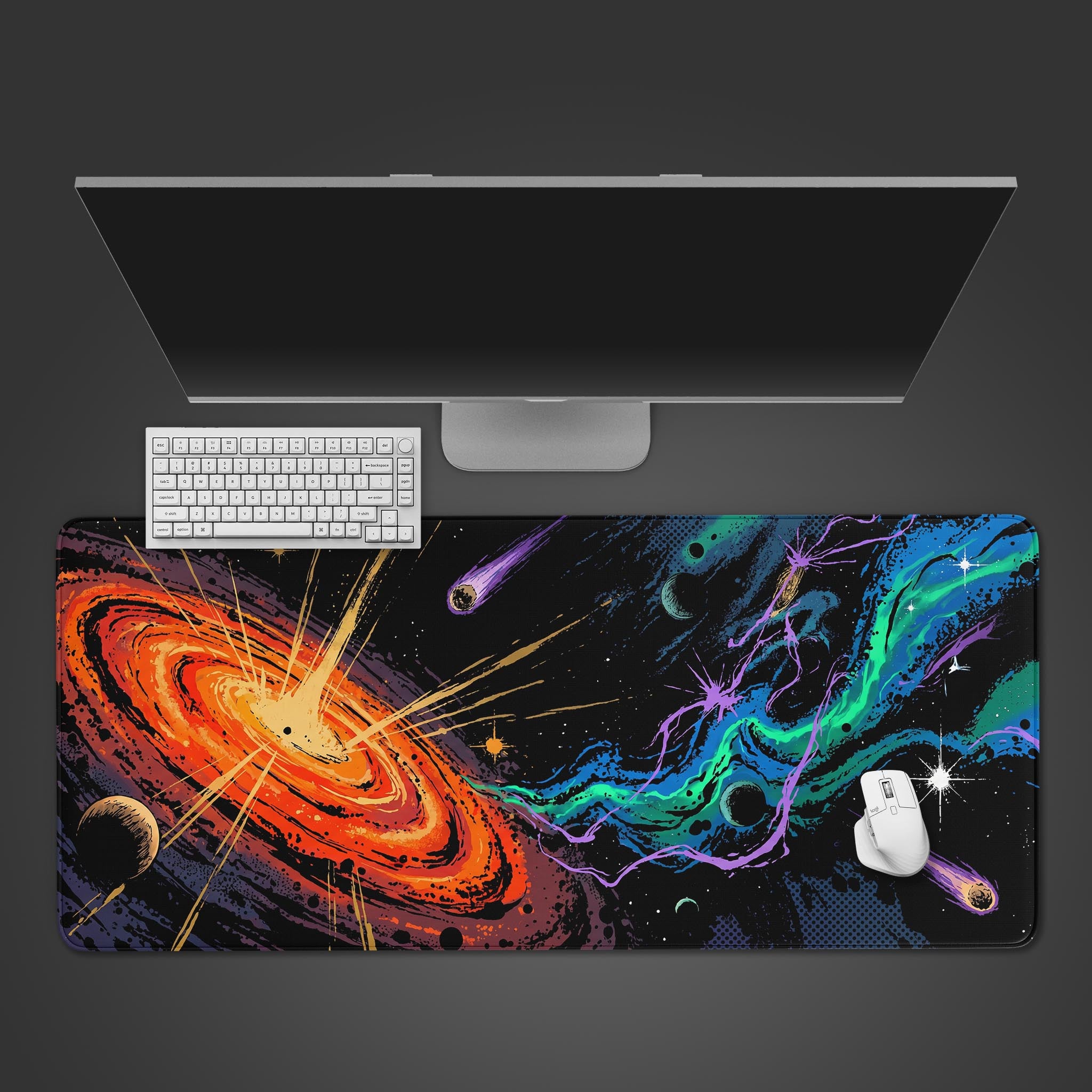 Cosmic black hole and nebula desk mat with vibrant orange and purple colors