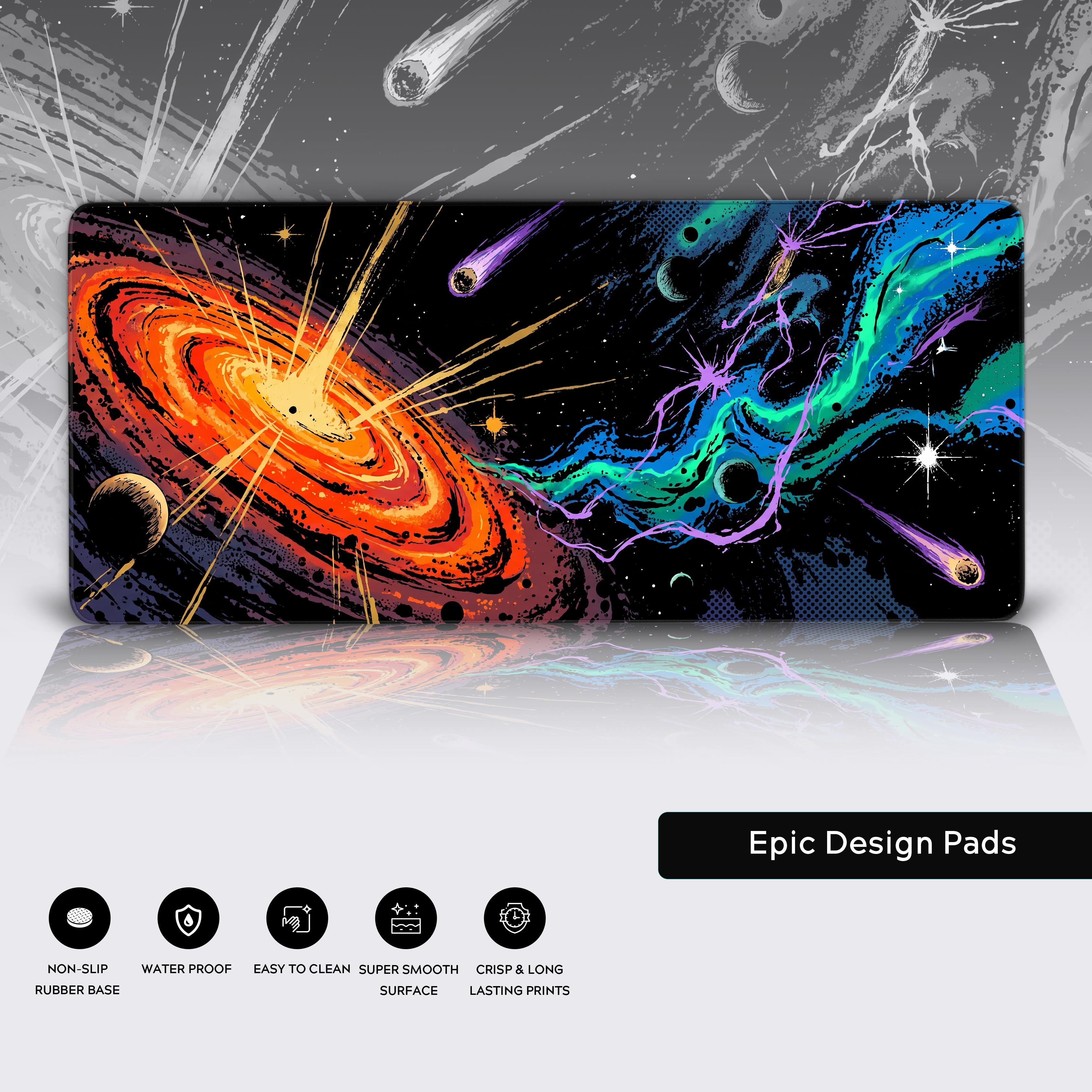 Flat lay of the black hole space desk mat showing the non-slip rubber base