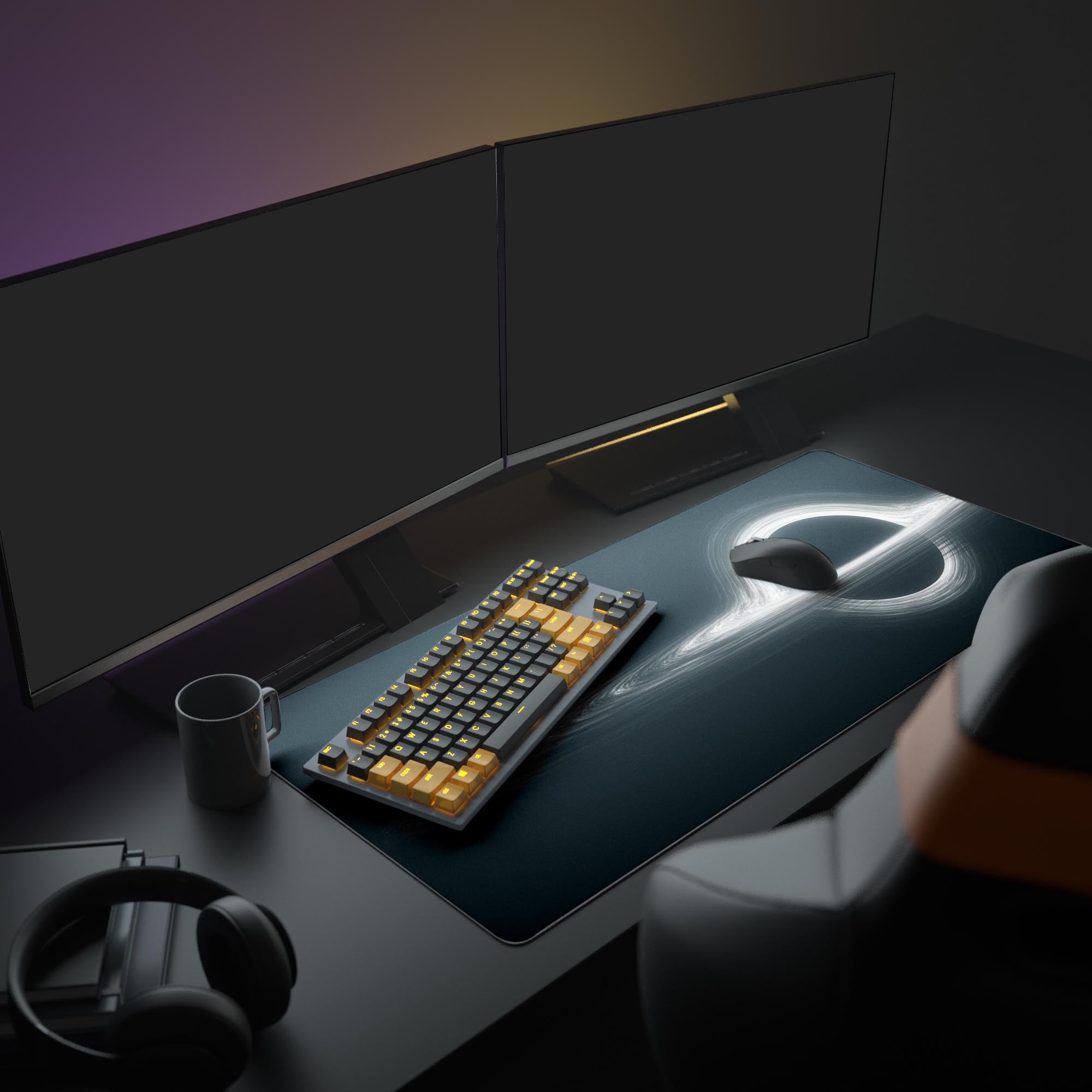 Large Black Hole gaming desk mat shown in a modern sci-fi setup with dual monitors, headphones, and a mechanical keyboard. - Epic Design Pads