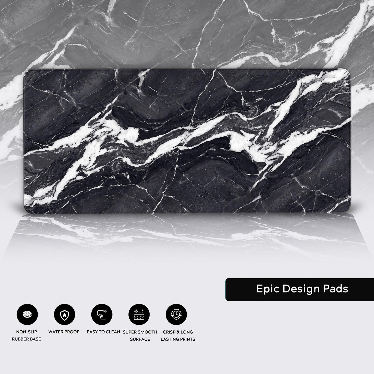 Product presentation showing the black marble desk mat hovering over a reflective marble surface.