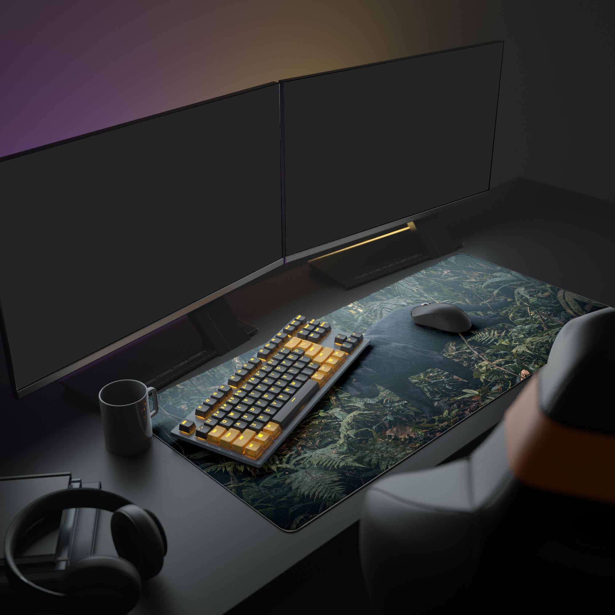 Close up of the midnight panther desk mat artwork showing intricate rainforest foliage and deep shadows.
