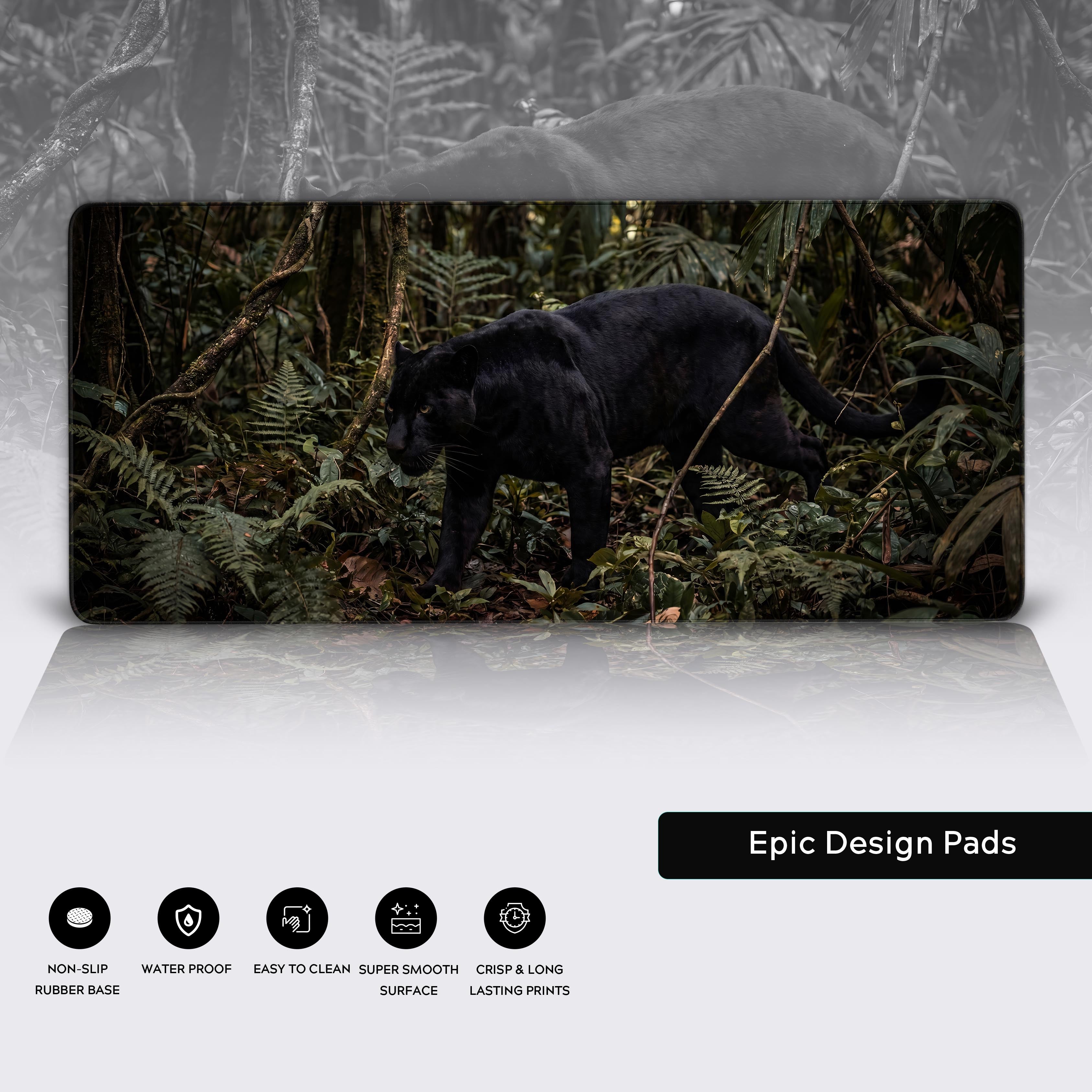 Epic Design Pads black panther gaming mat with non-slip rubber base and super smooth gliding surface.