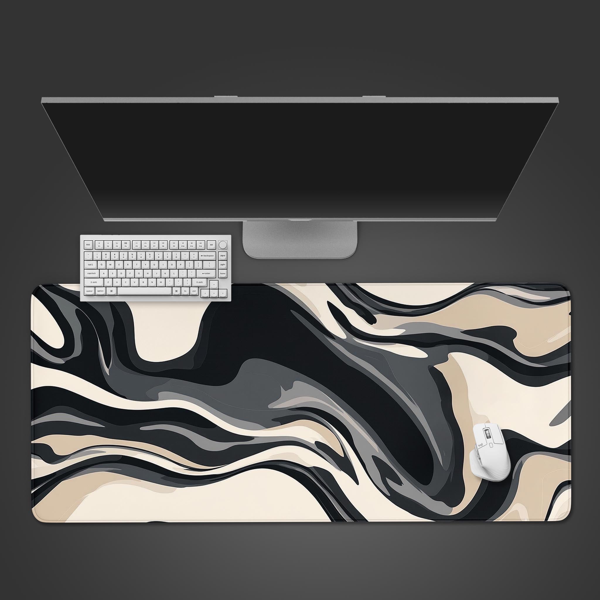 Black White Cream Boho Deskmat, Gaming Mouse Pad Large Mousepad, Stitched Edges, Mouse Mat Desk Mat Pad for Work Game Office Home