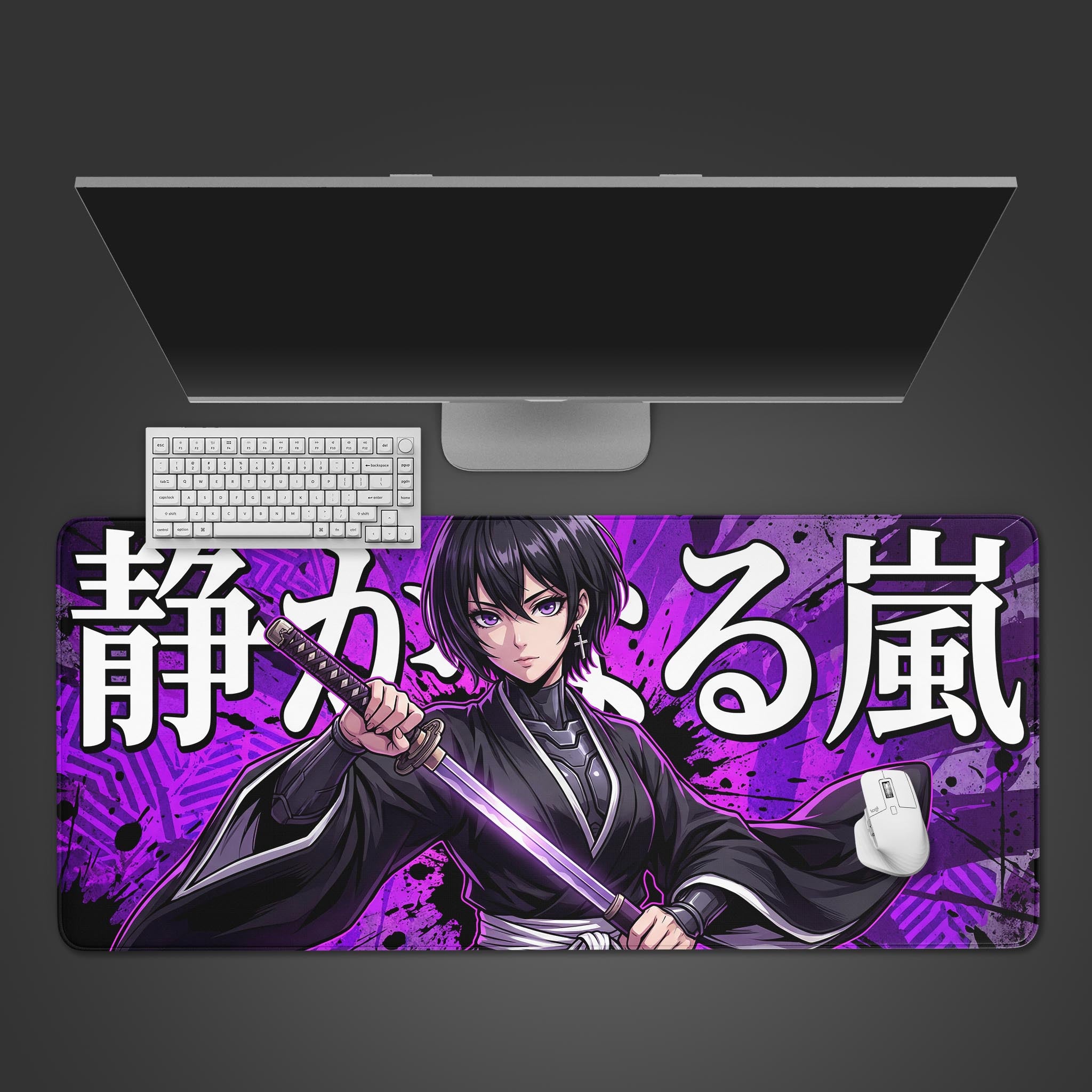 A top-down view of the Blade of Silence gaming desk mat featuring an anime warrior with a katana. A white keyboard and mouse are placed on the mat below a monitor. - Epic Design Pads & Mousepads